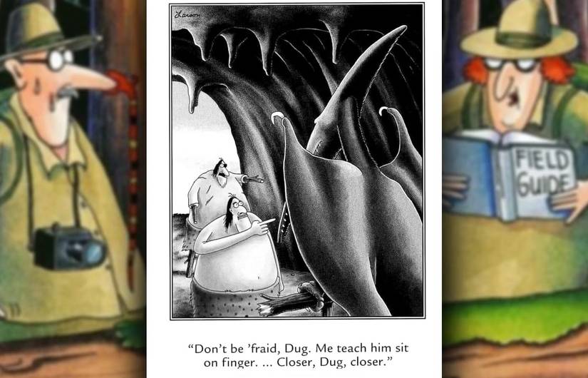 far side comic about a dangerous dinosaur pet