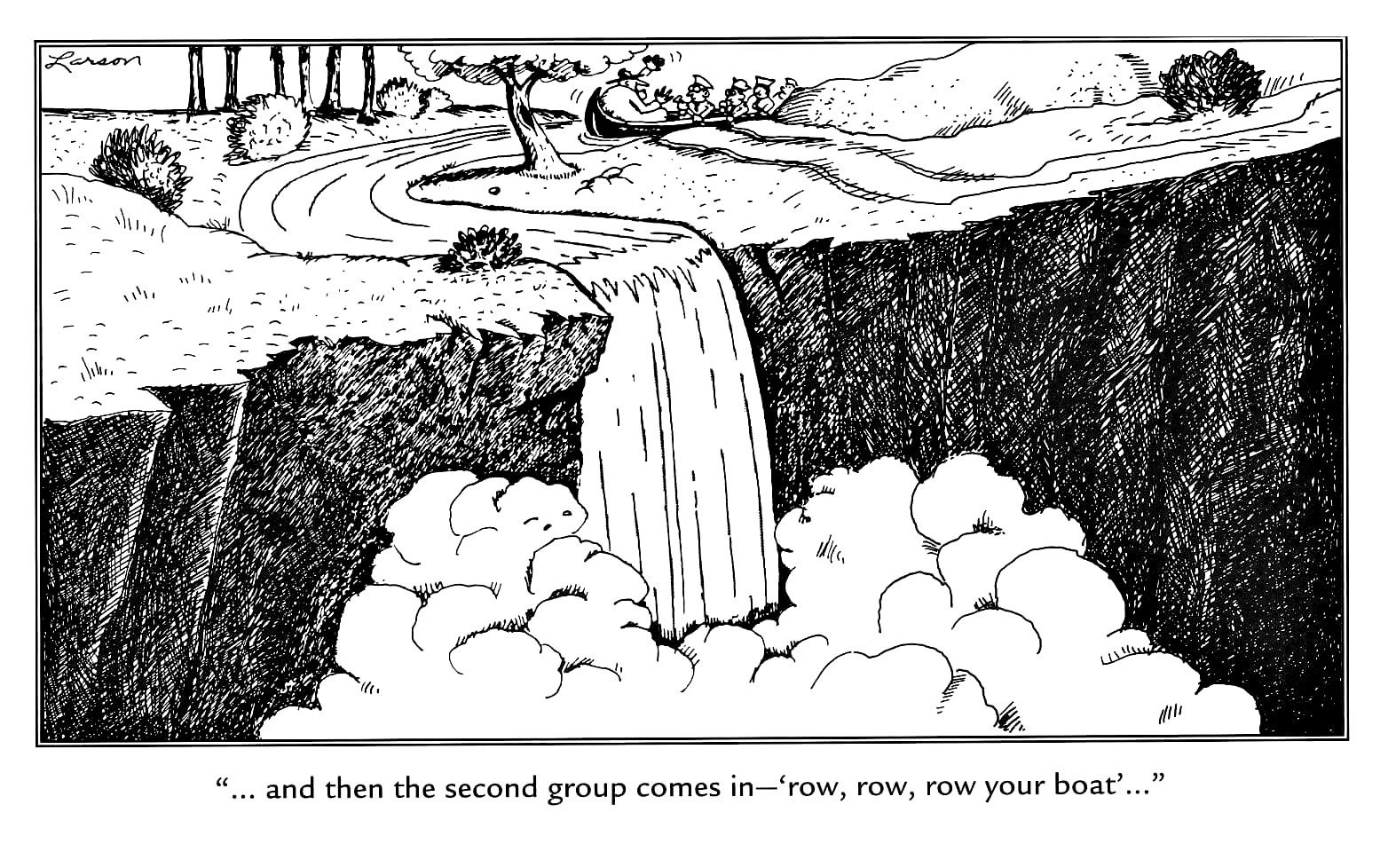 far side comic about the son row row row your boat