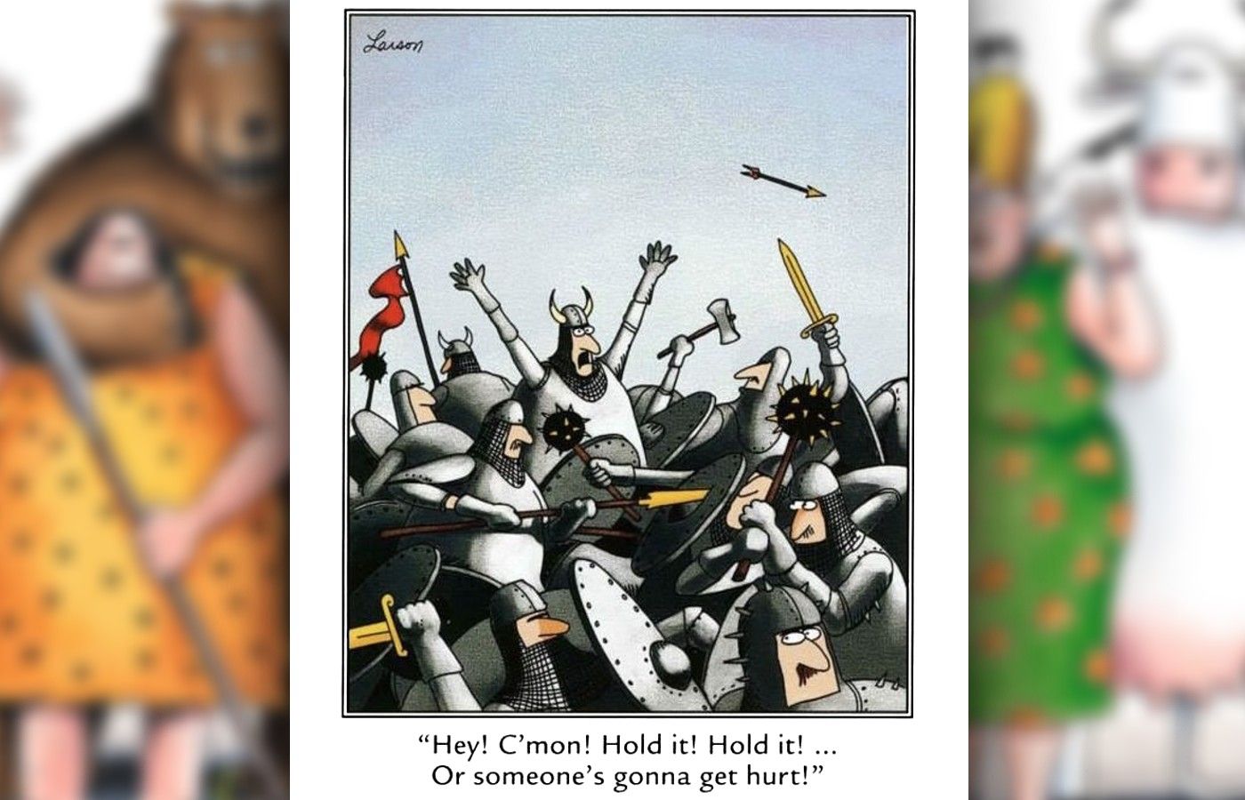 far side comic where a battle is called off in case someone gets hurt