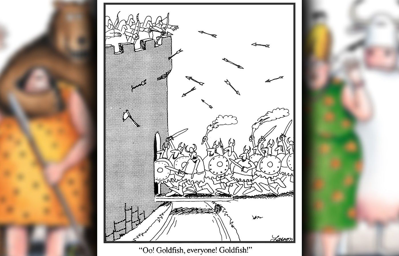 far side comic where a viking spots a goldfish while storming a castle