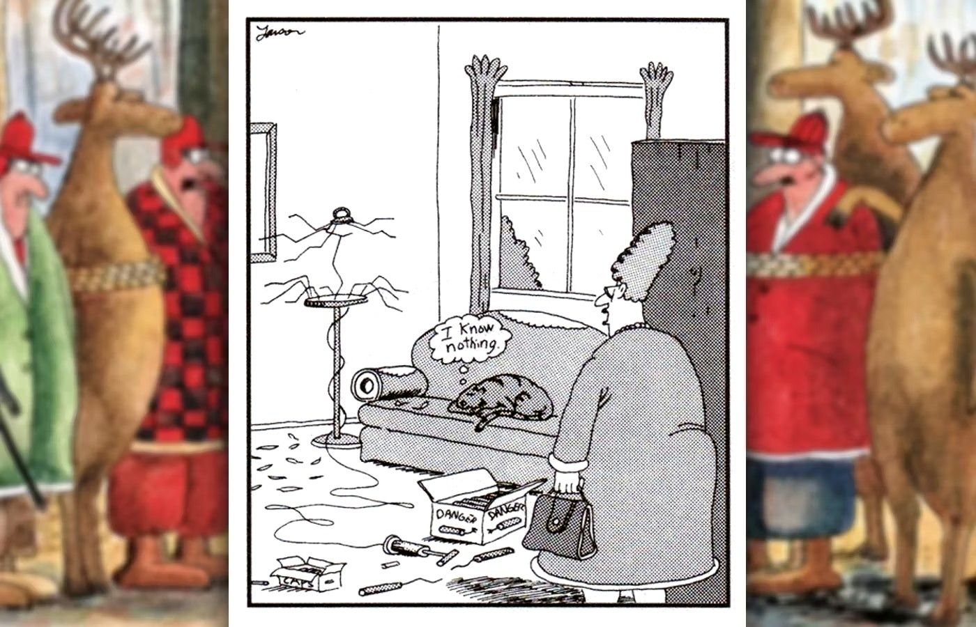 FAR SIDE COMIC WHERE A WOMAN COMES HOME TO DISCOVER CAT HAS DESTROYED THE CAT TRYING TO GET AT CANARY