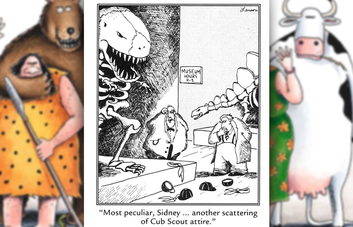 far side comic where fossils are eating cub scouts