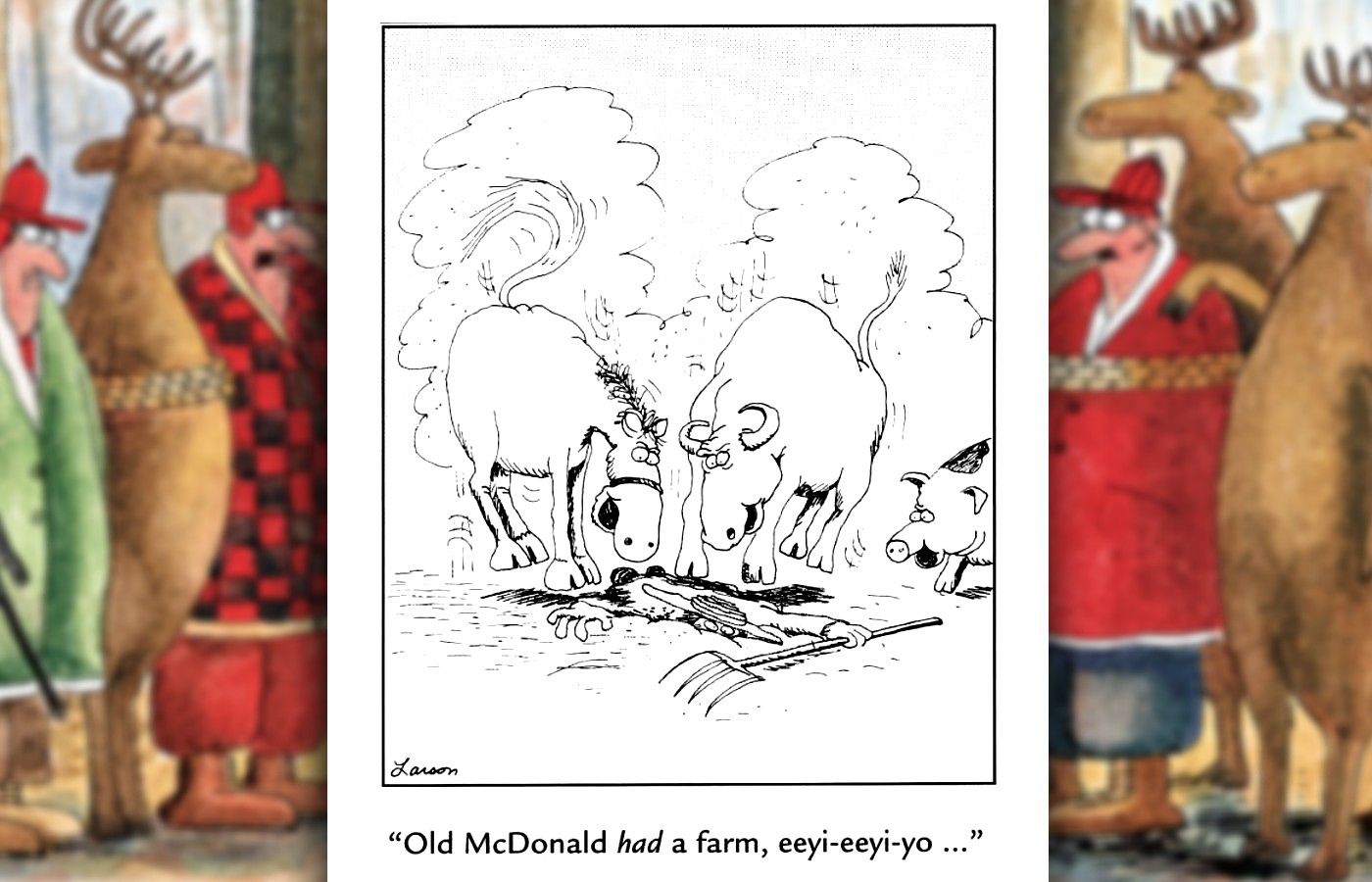 far side comic where old macdonald's animals trample him
