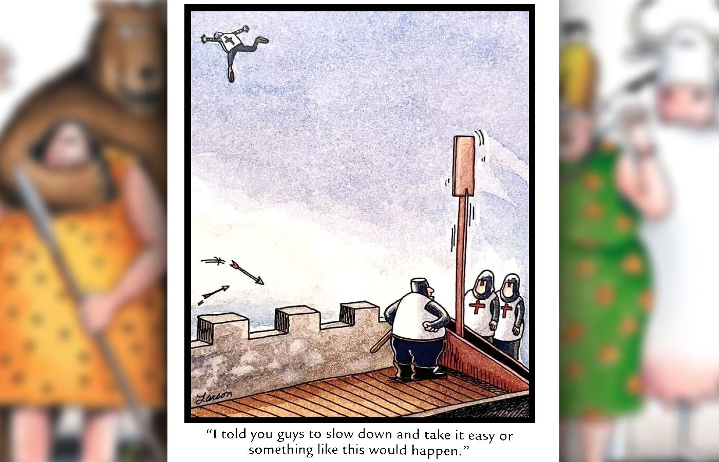 far side comic where someone is accidentally fired from a catapult