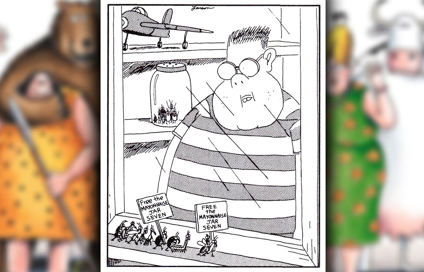 far side comics where insects campaign to have those in jars freed