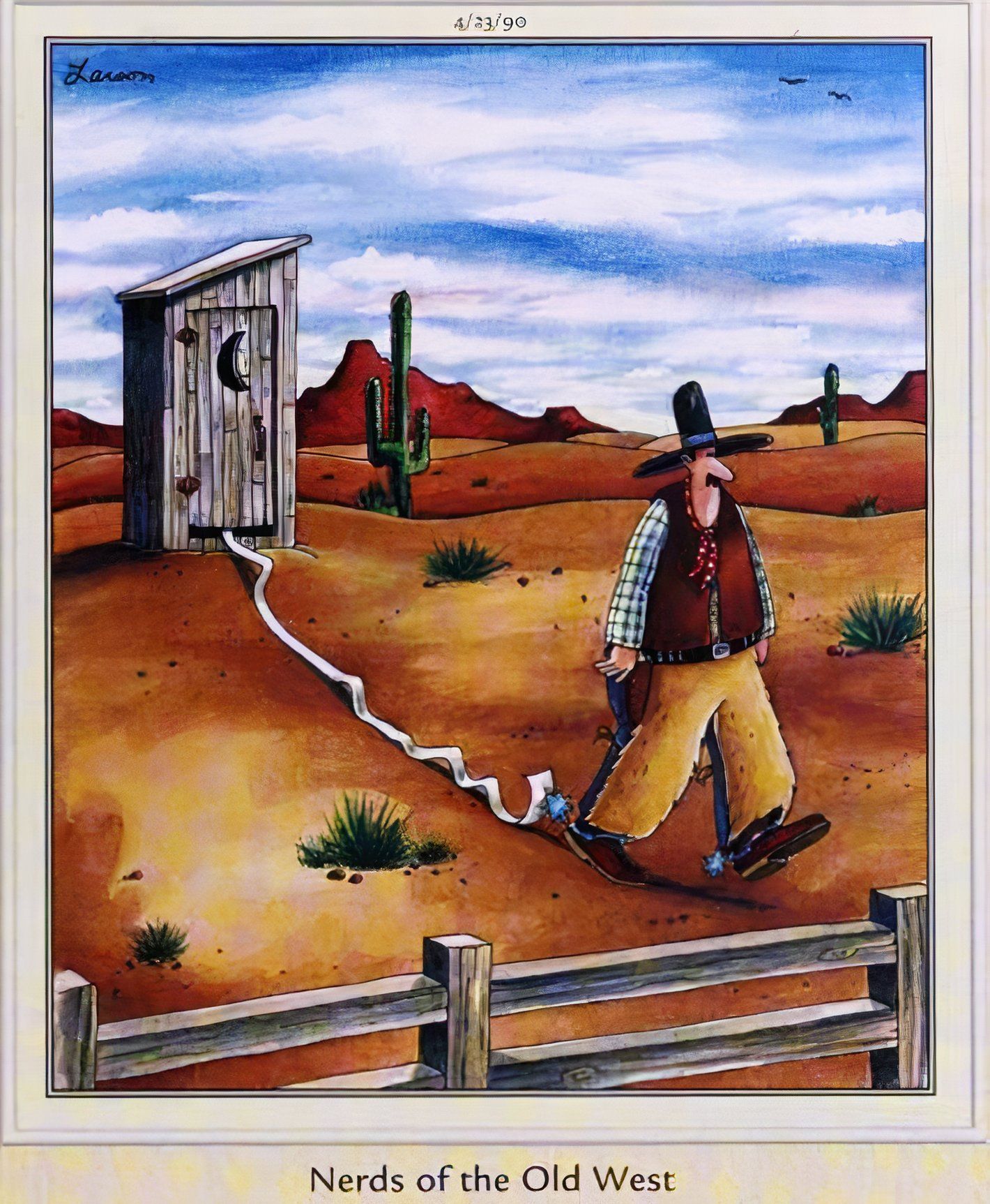Far Side, 'nerds of the Old West' comic, cowboy trailing toilet paper from outhouse