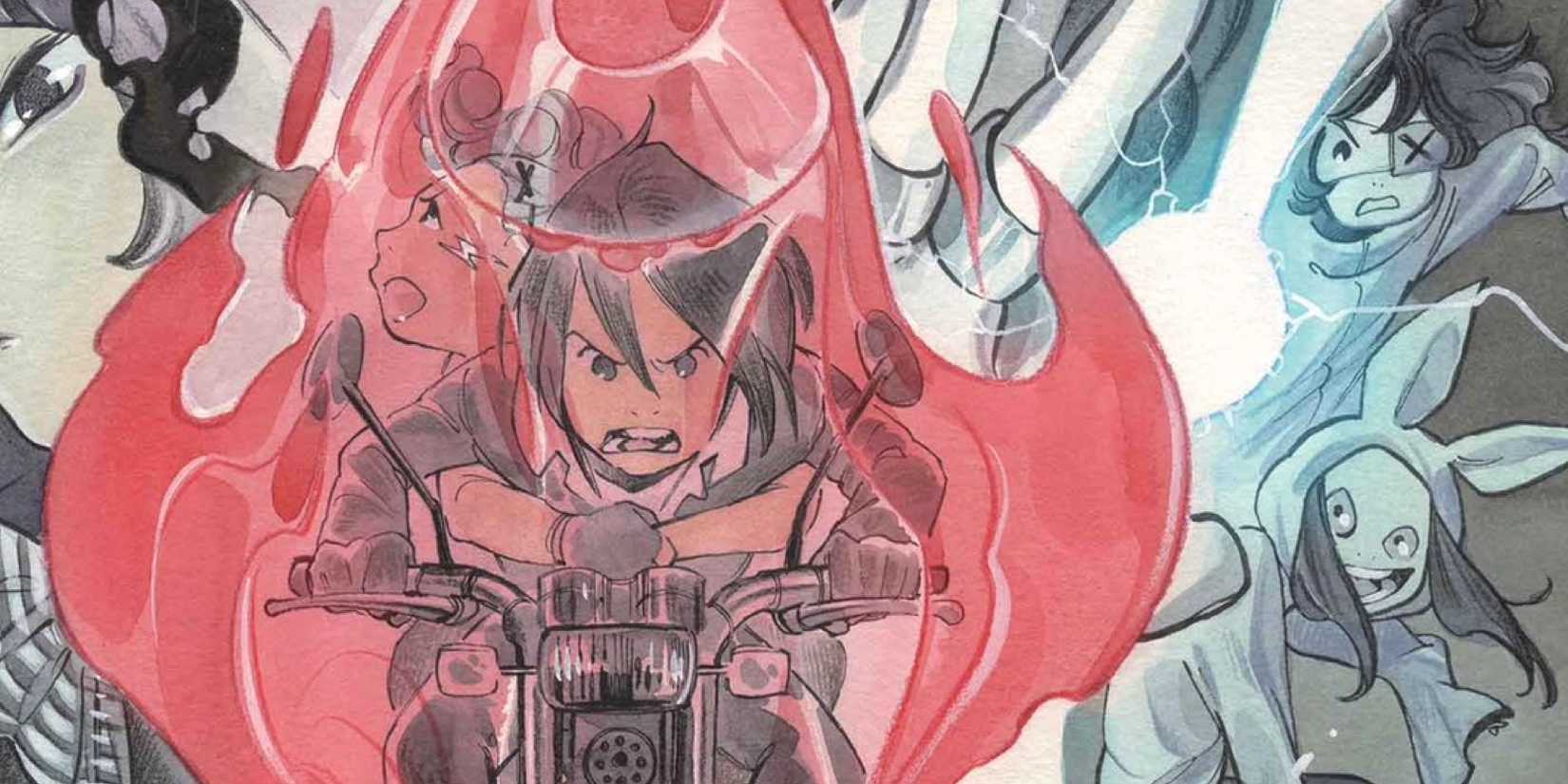 Comic book art: Ultimate X-Men character Armor writing a motorcycle (foreground) with other characters from the series in background.