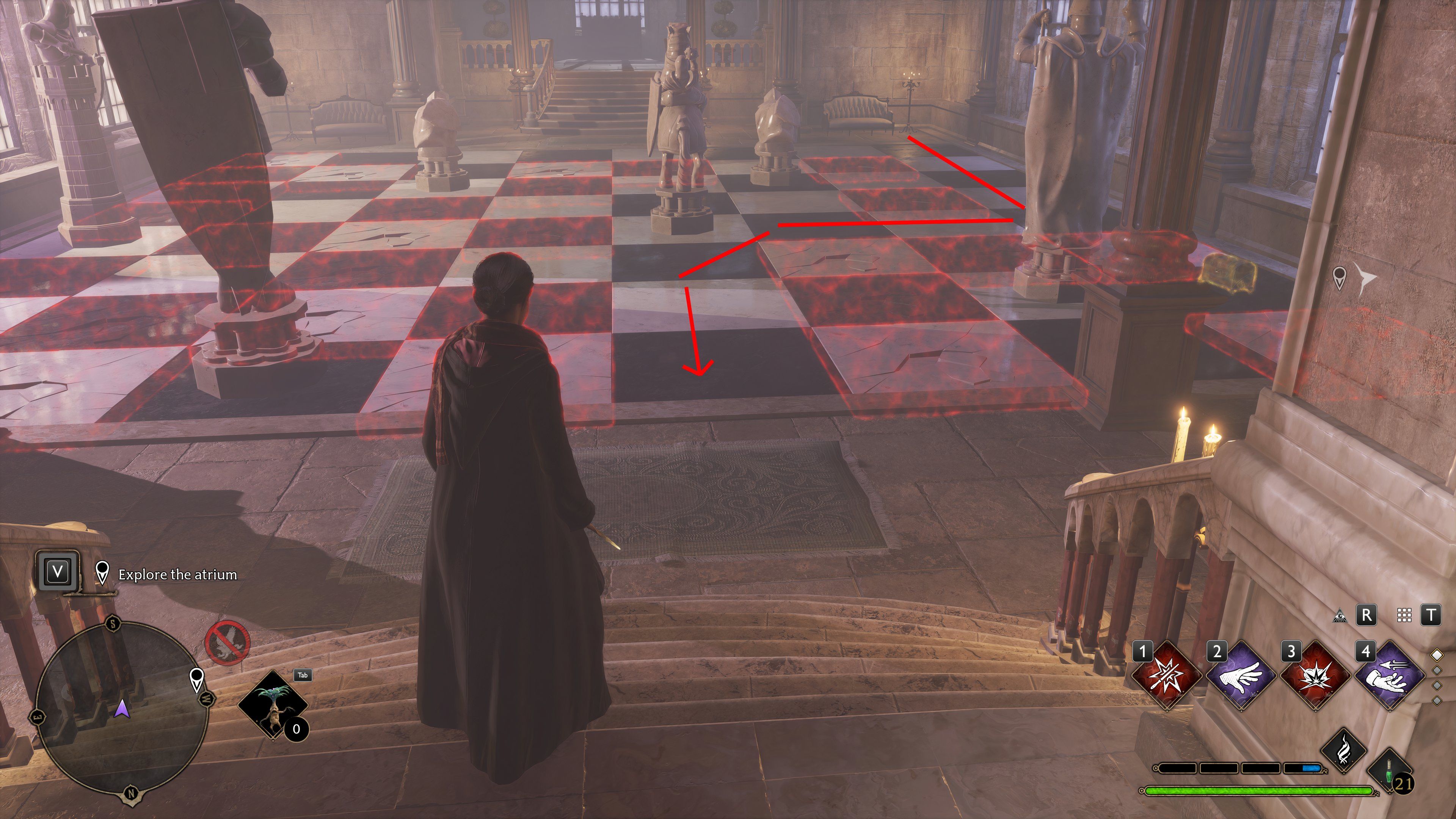 Aluna da Grifinória olhando para um tabuleiro de xadrez gigante no porão da loja assombrada de Hogsmeade com caminho seguro marcado no legado de Hogwarts