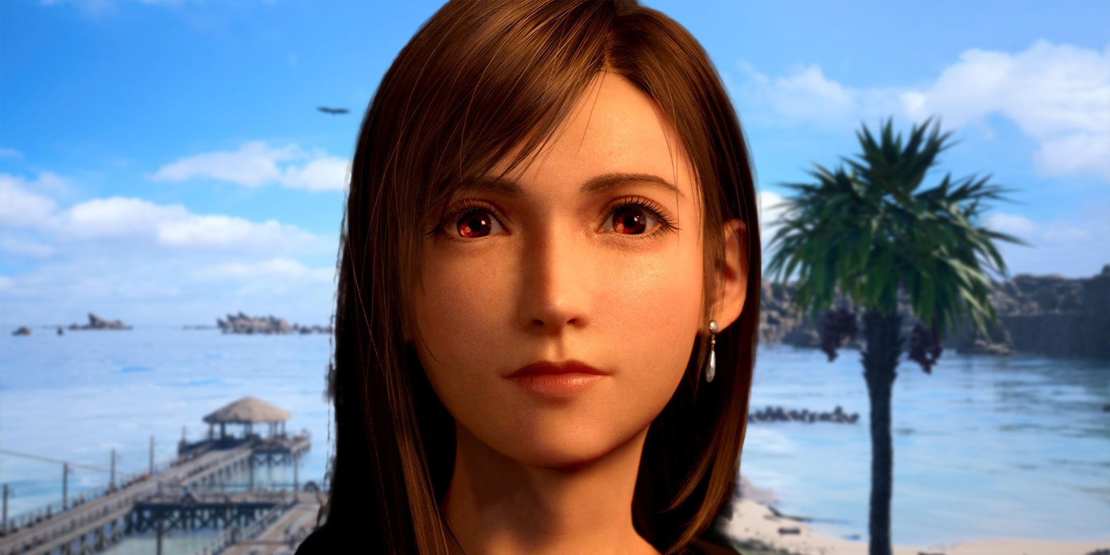 Tifa parecendo esperançosa em Final Fantasy 7 Rebirth em frente à paisagem da praia da Costa del Sol.