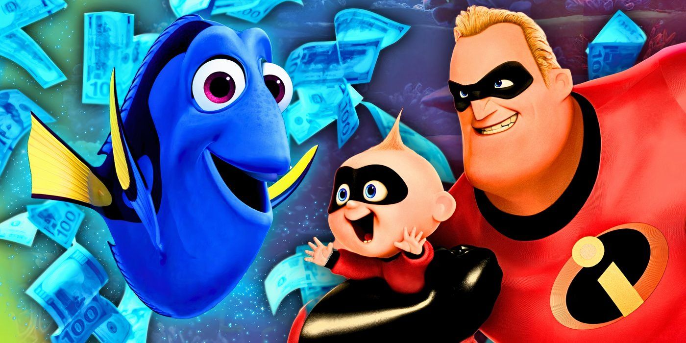 Dory the fish next to Mr. Incredible and Jack Jack from The Incredibles