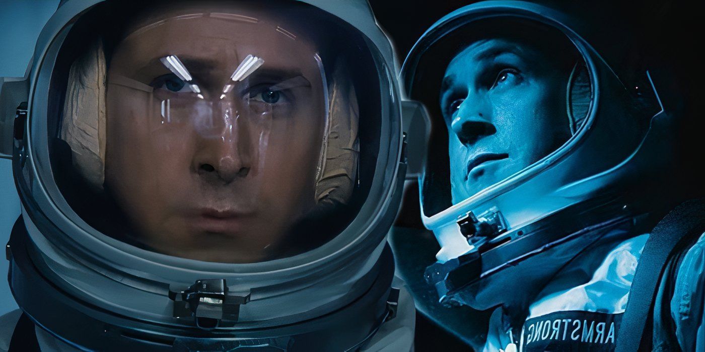 Ryan Gosling as Neil Armstrong close up next to Gosling as Armstrong in a space suit looking up in First Man