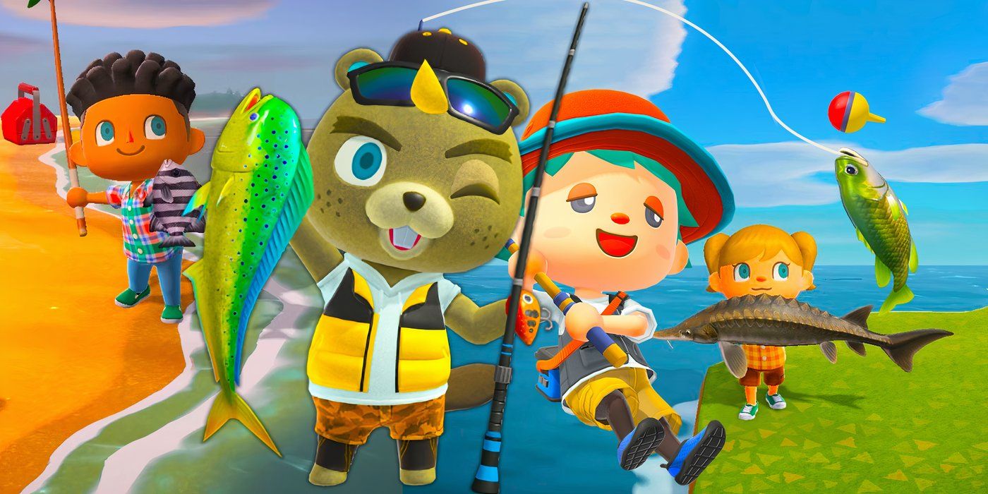 Cuatro personajes pescando en la playa en Animal Crossing New Horizon