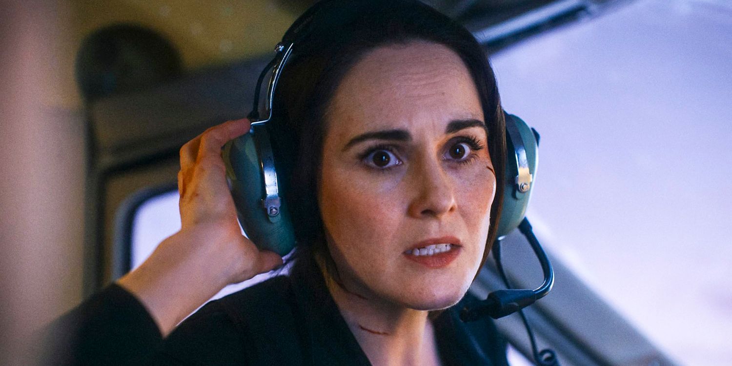 Michelle Dockery looking scared in Flight Risk