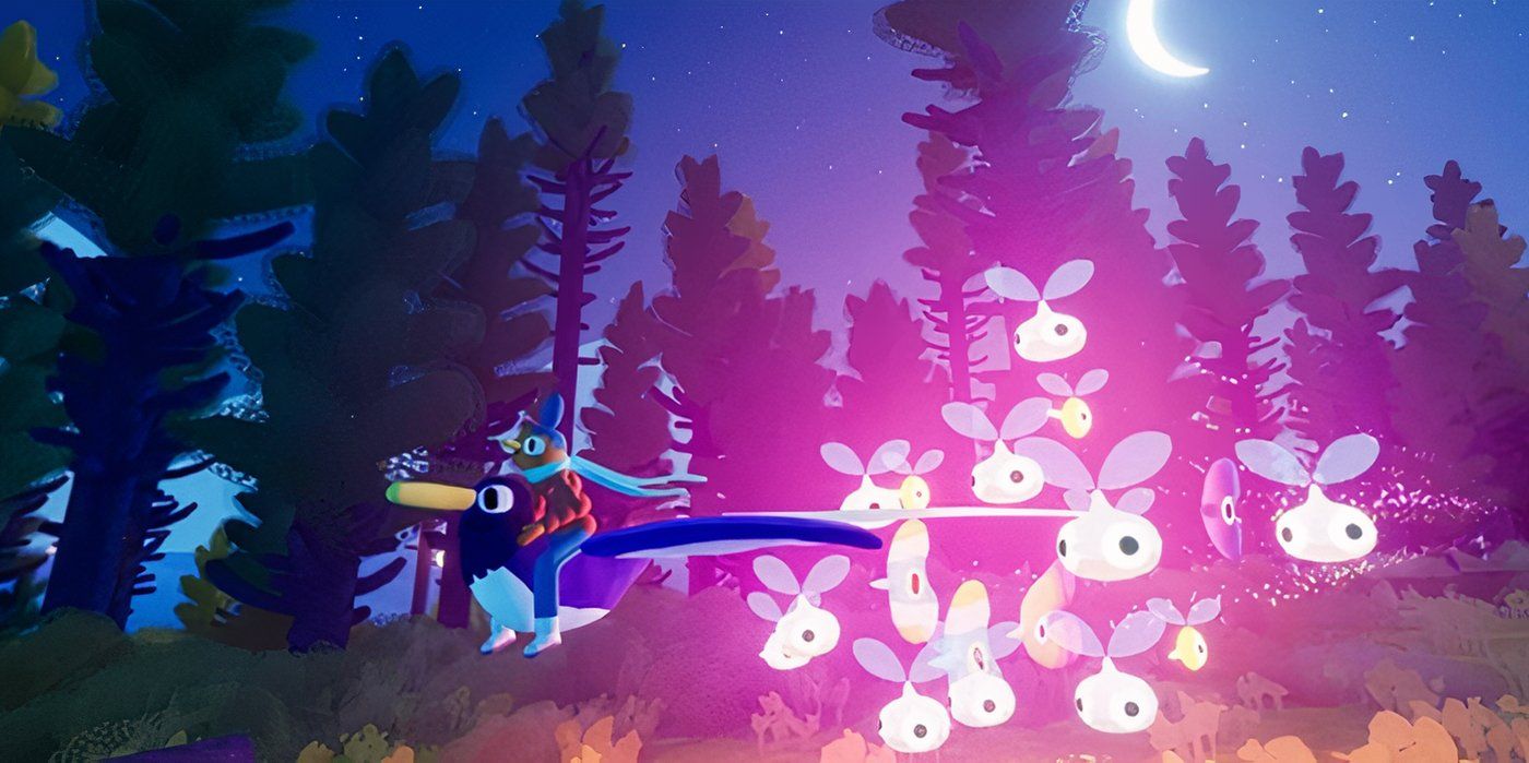 A player guides a group of neon creatures in Flock