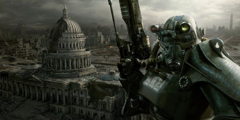 A figure wearing power armor poses with a laser gun beside D.C. ruins.