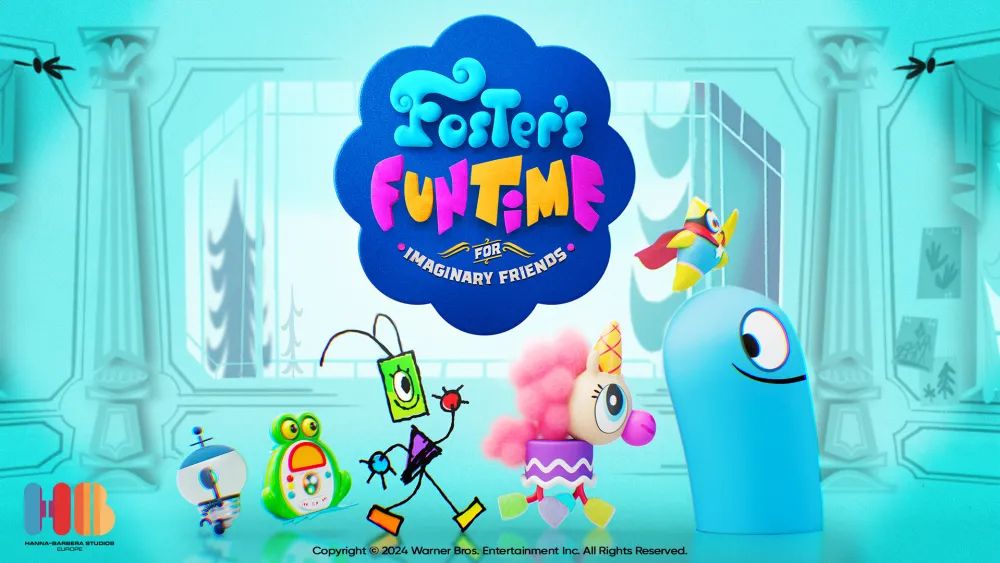 Bloo com uma programação de novos personagens em Fosters Funtime for Imaginary Friends