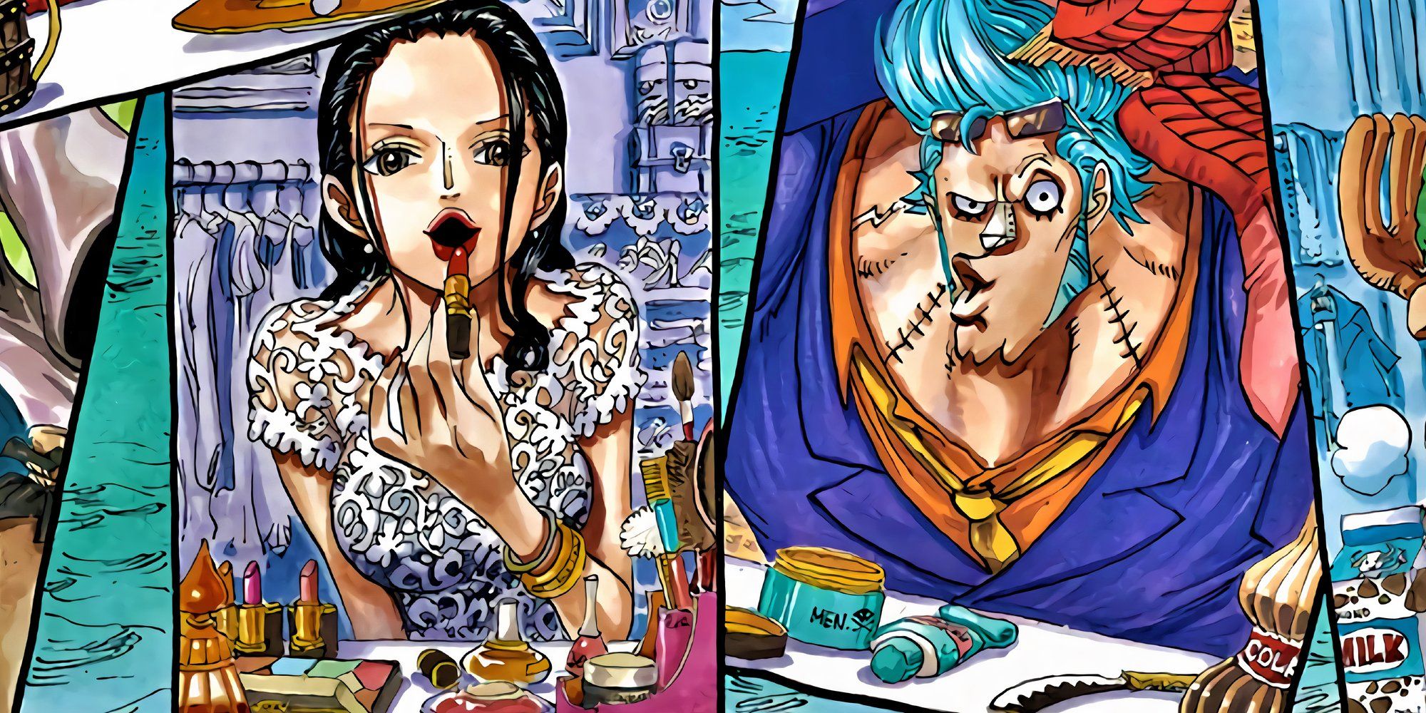 Franky and Robin from One Piece featrured side by side on a color spread