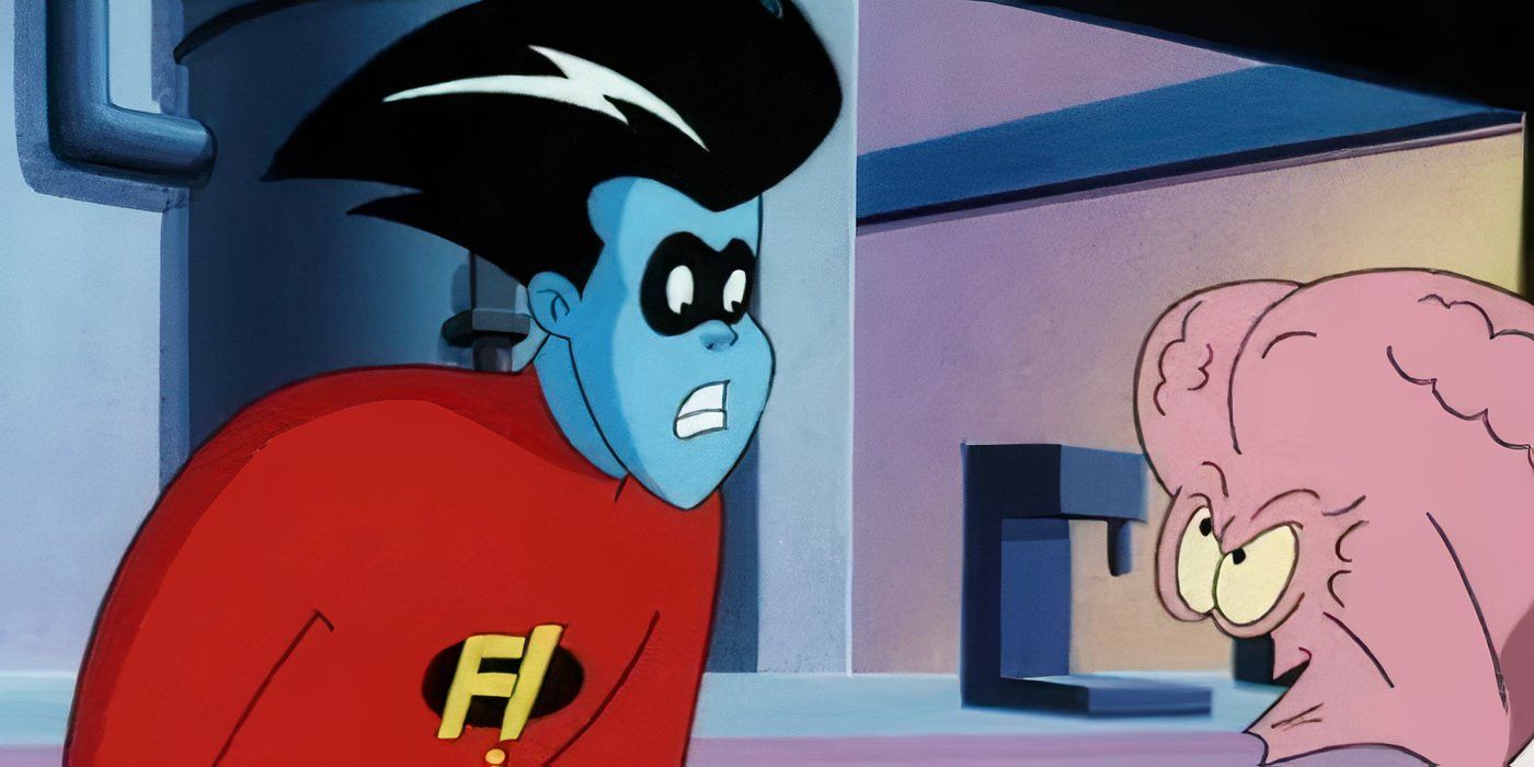 Freakazoid looks worried as he speaks with an upset character named The Lobe.