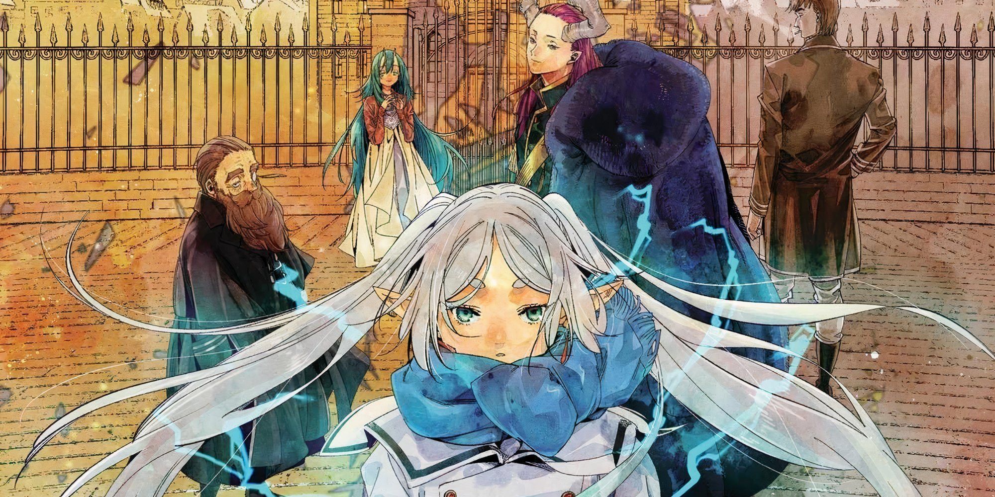 Cover of Frieren volume 8 featuring Frieren, Denken, Nacht, Solitar and Gluck facing different directions