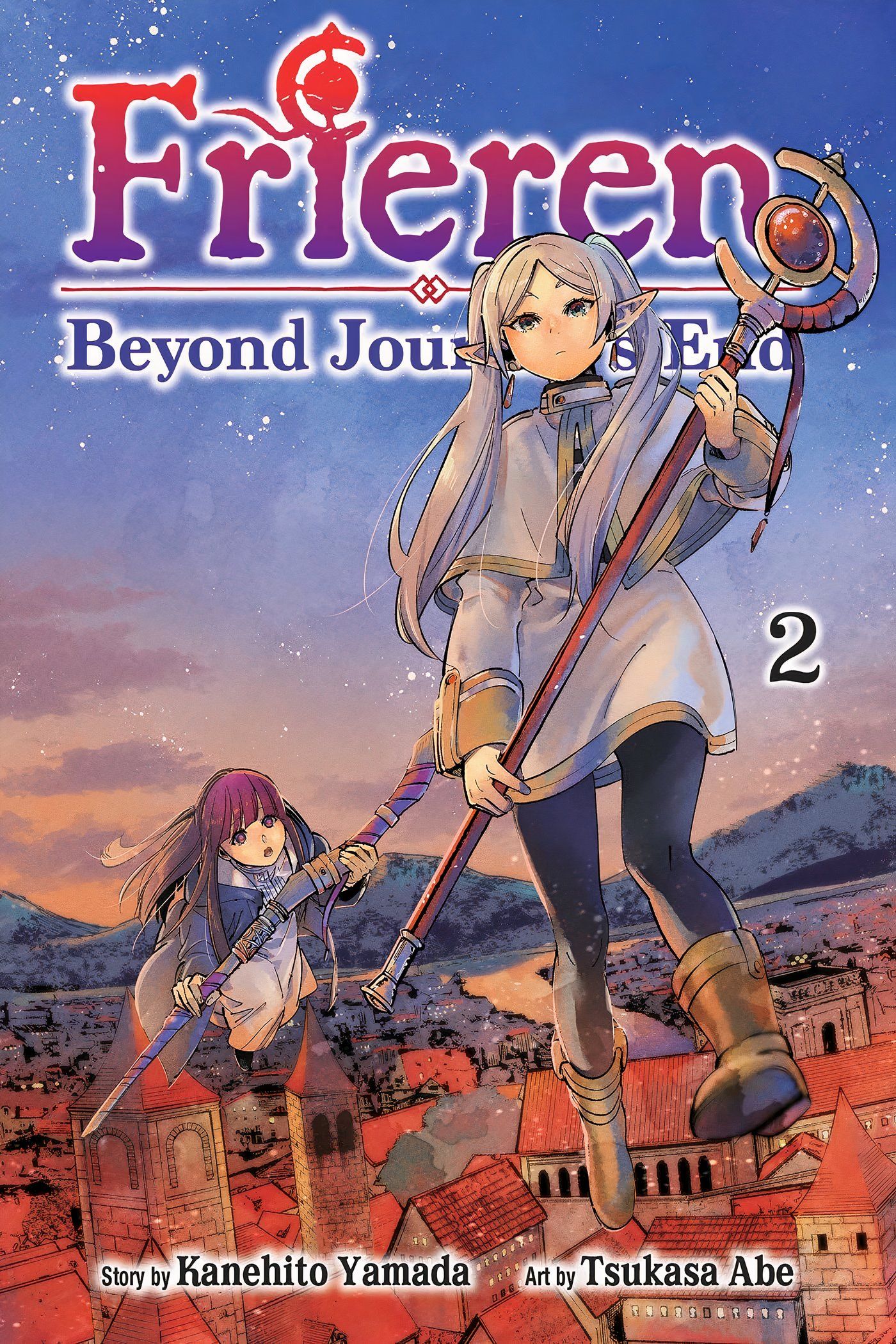 Frieren and Fern flying through the air above a well-lit city in the middle of the night on the cover of the second volume of Frieren: Beyond Journey's End