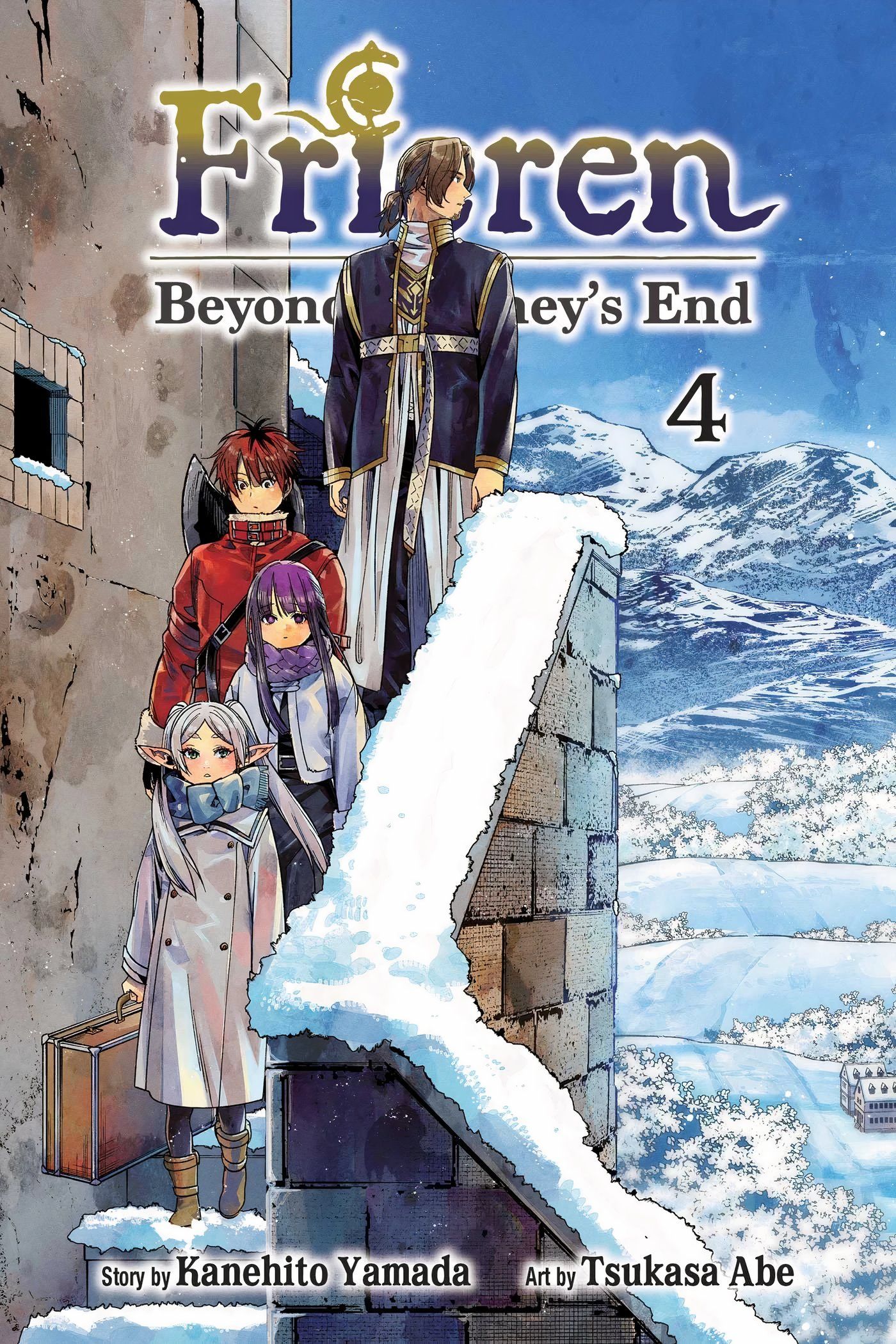 Frieren, Fern, Sein, and Stark descending snowy stairs on the cover of the 4th volume of Frieren