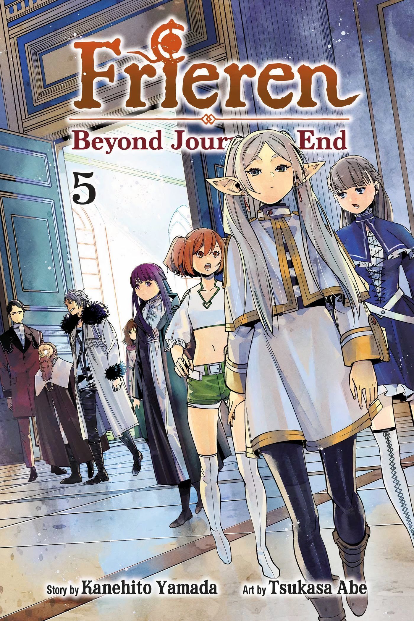 Frieren, Fern, Lawine, Kanne, Wirbel, Denken, and Richter entering the first portion of the First Class Mage Exam in Auwurst on the fifth cover of Frieren