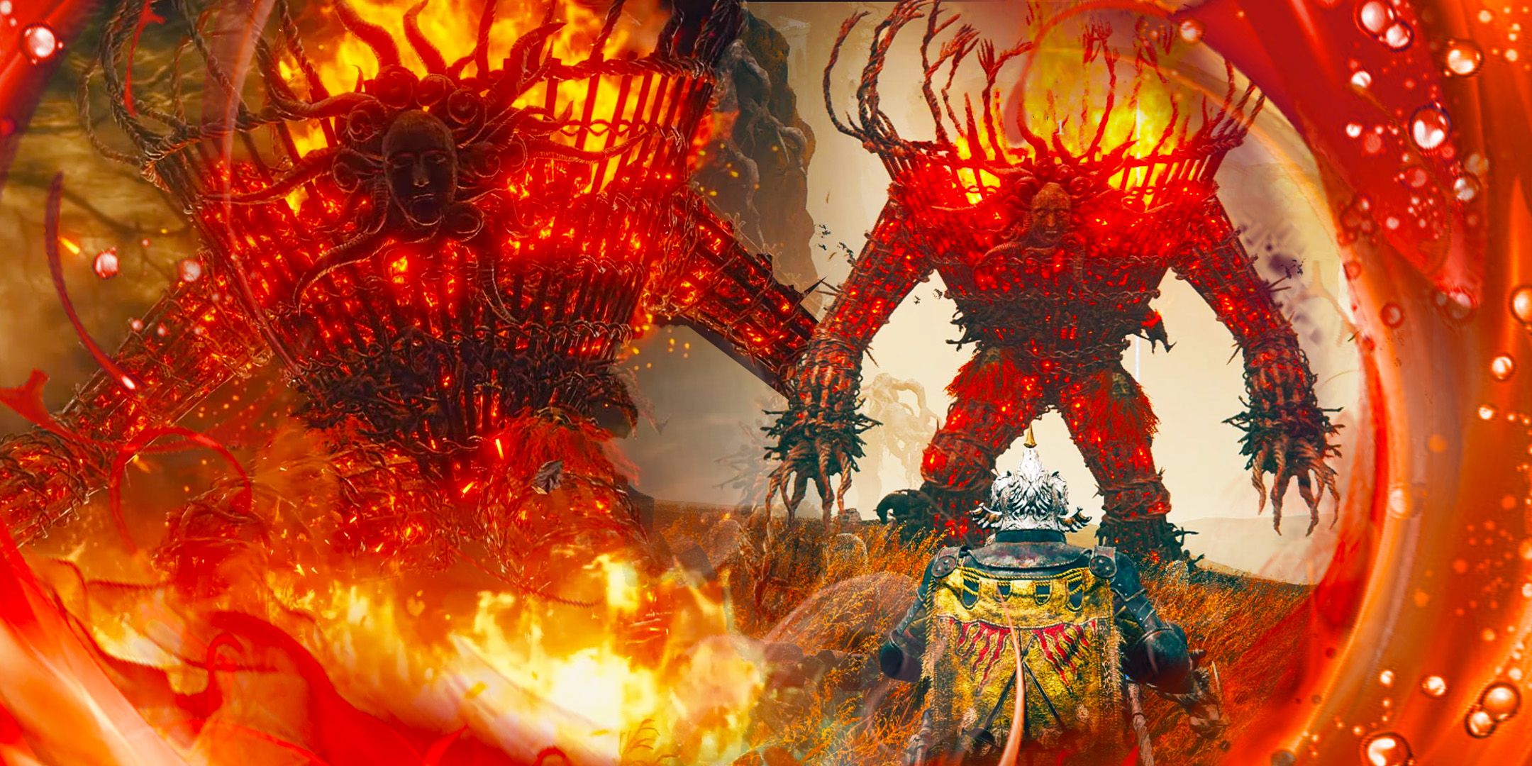 Elden Ring Shadow of the Erdtree character next to giant Furnace Golem world bosses in new DLC map