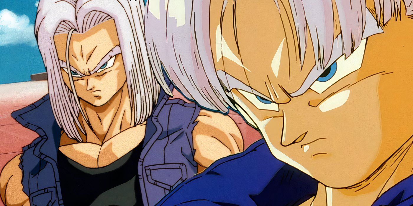 Future Trunks in a cutoff to the left looking brolic and Trunks frowning on the right