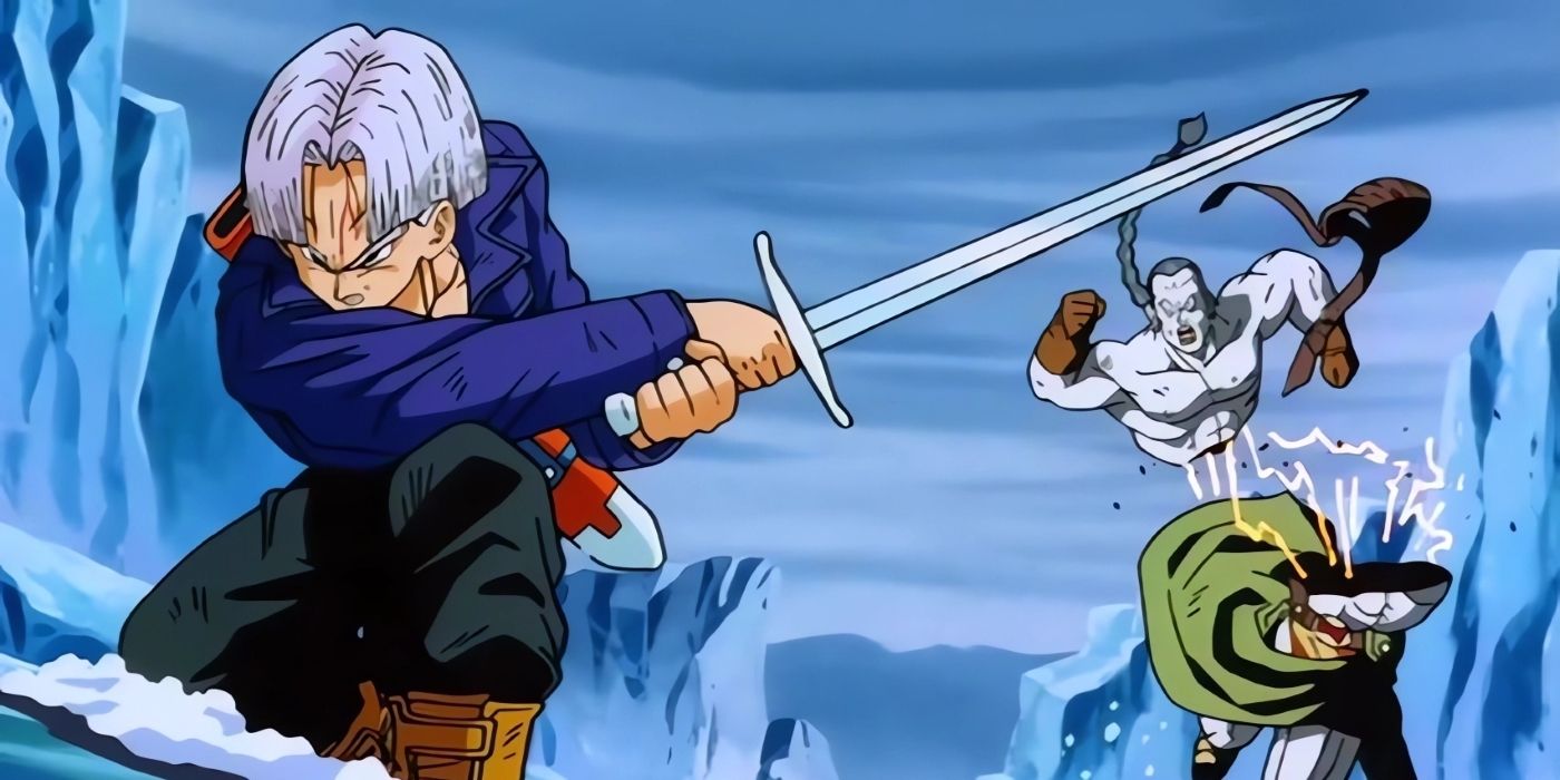 Future Trunks corta um dos andróides do Dr. Gero ao meio usando sua espada