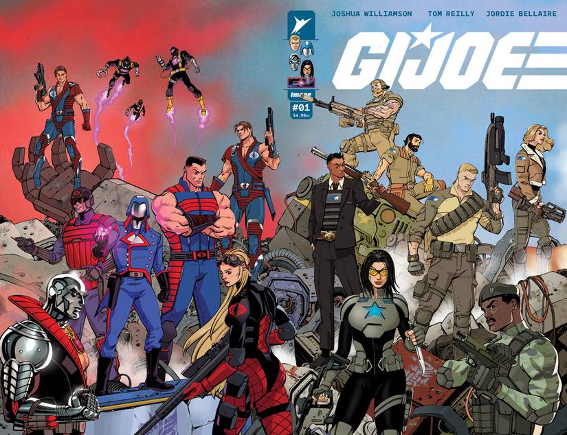 Comic book cover: the assembled Joes and Cobra in the Energon Universe.