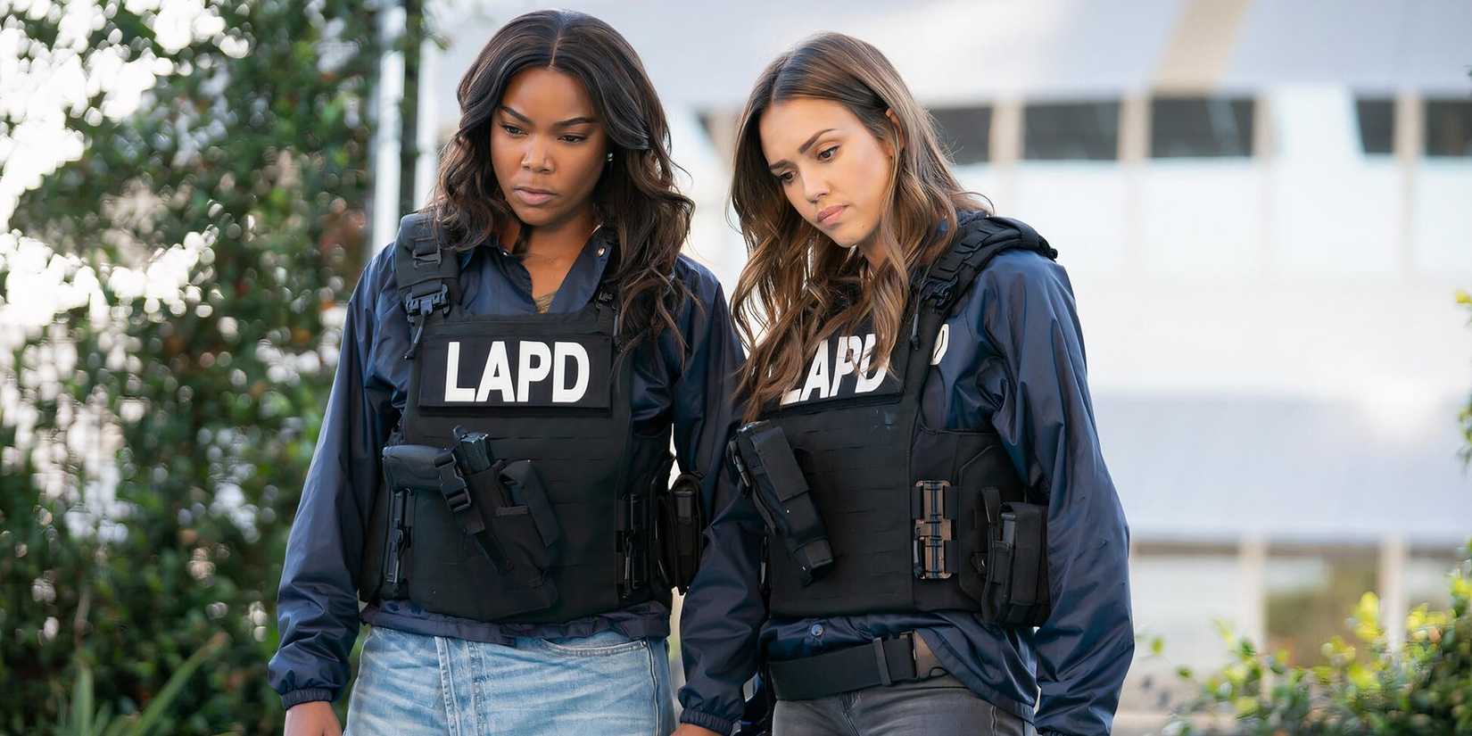 Gabrielle Union as Syd Burnett and Jessica Alba as Nancy McKenna suited up in LAs Finest