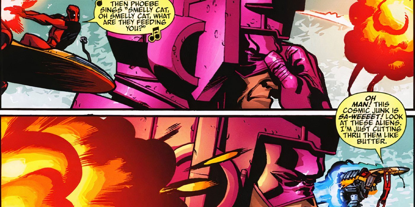 Galactus apertando o nariz enquanto se irritava com o Herald Deadpool falando muito e explodindo coisas ao seu redor