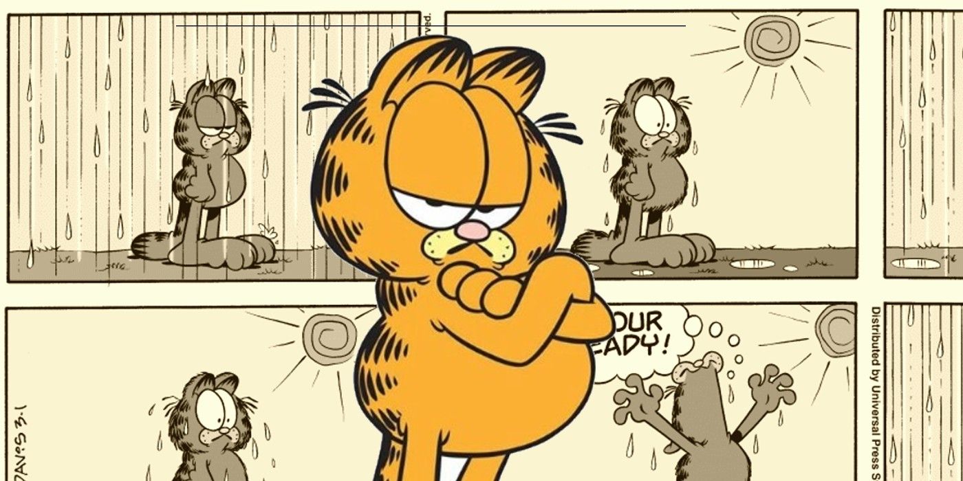 Garfield crosses his arms while imposed over a comic strip