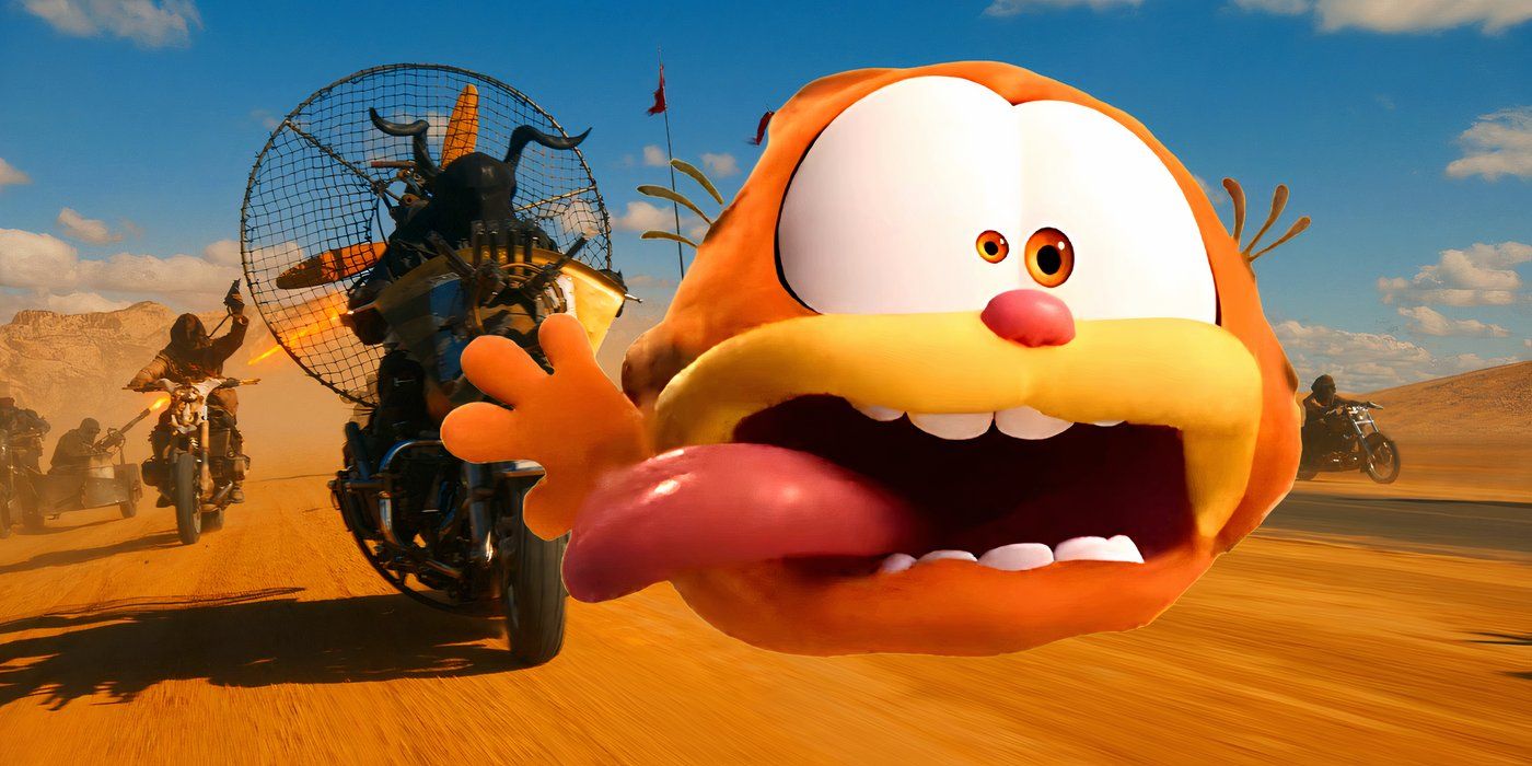 Garfield flies in the sky in front of Furiosa's Dementus army