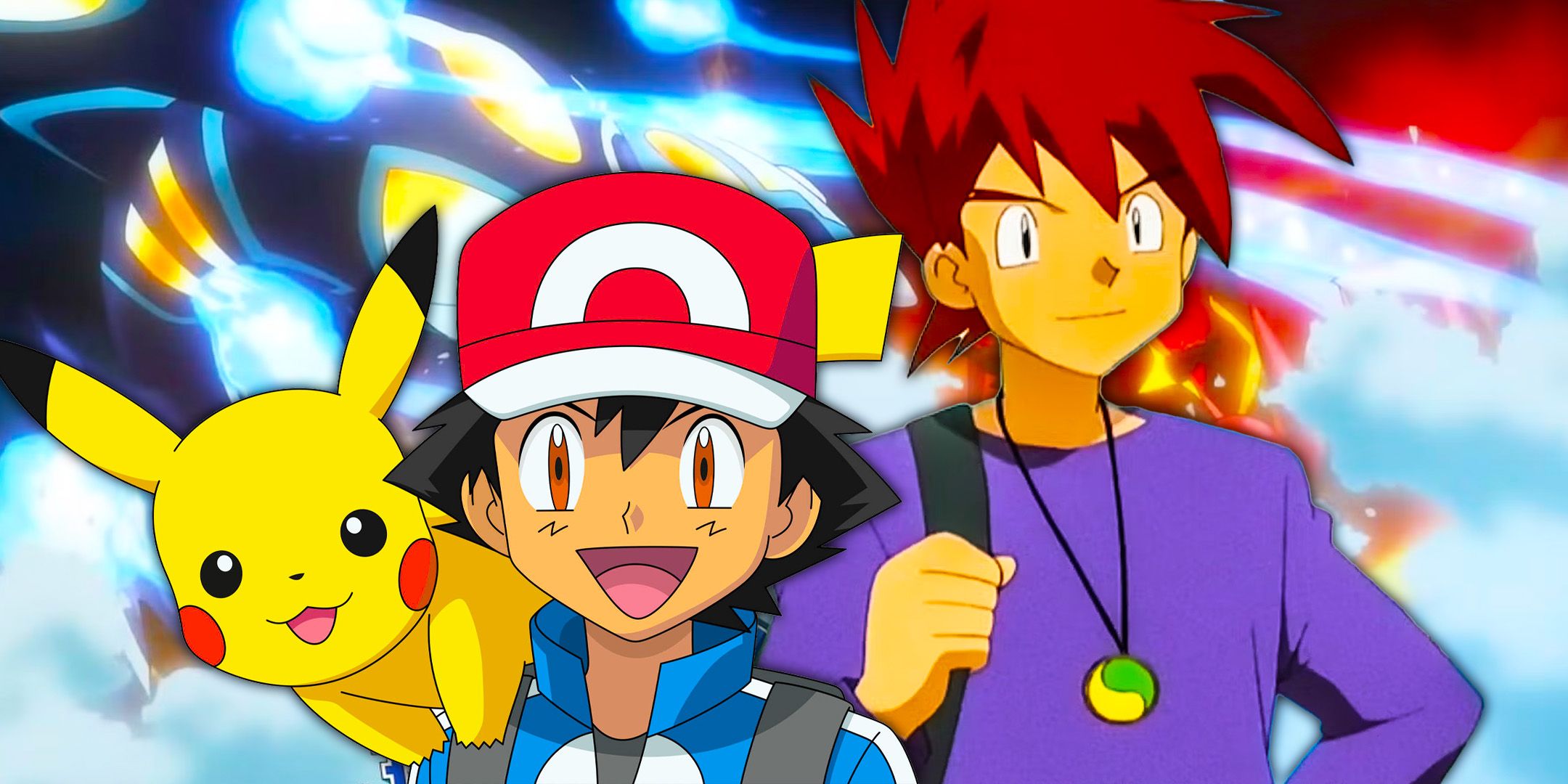 Gary, Ash, and Pikachu from Pokemon show with footage from Pokemon Sapphire