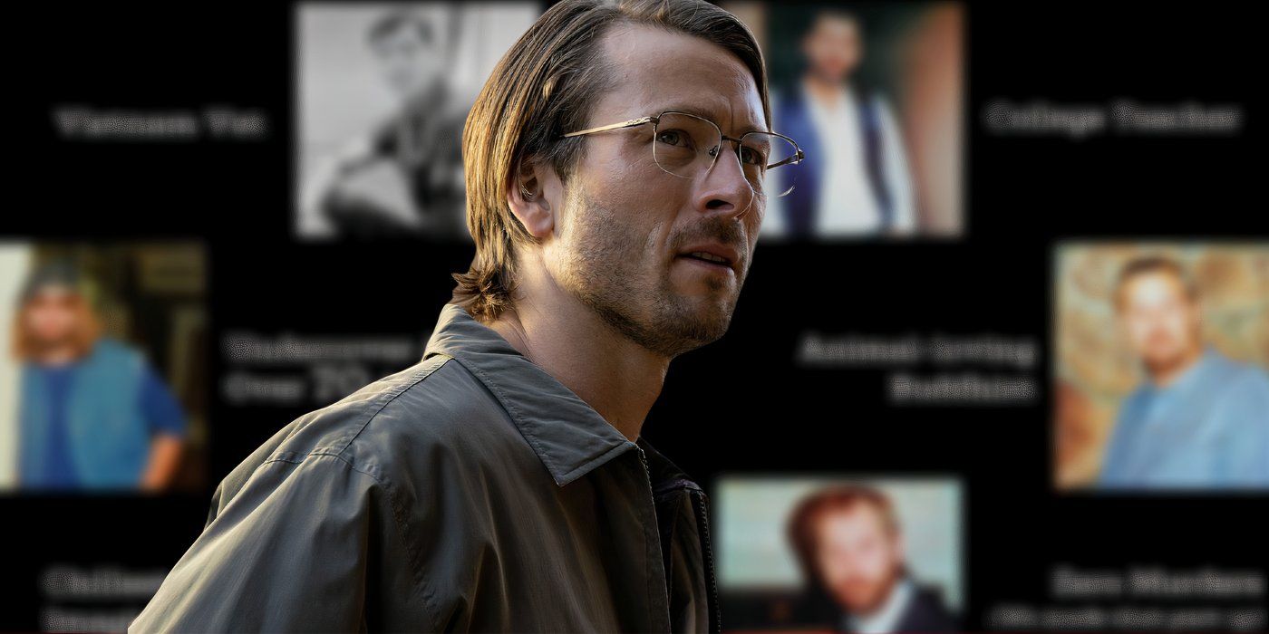 Glen Powell as Gary Johnson from Netflix's Hit Man (2023) on top of a blurred image honoring the real Gary Johnson