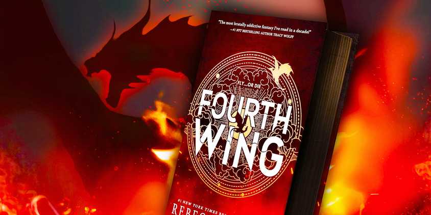 Custom image of the special edition Fourth Wing book with a silhouetted dragon and fire in the background. 