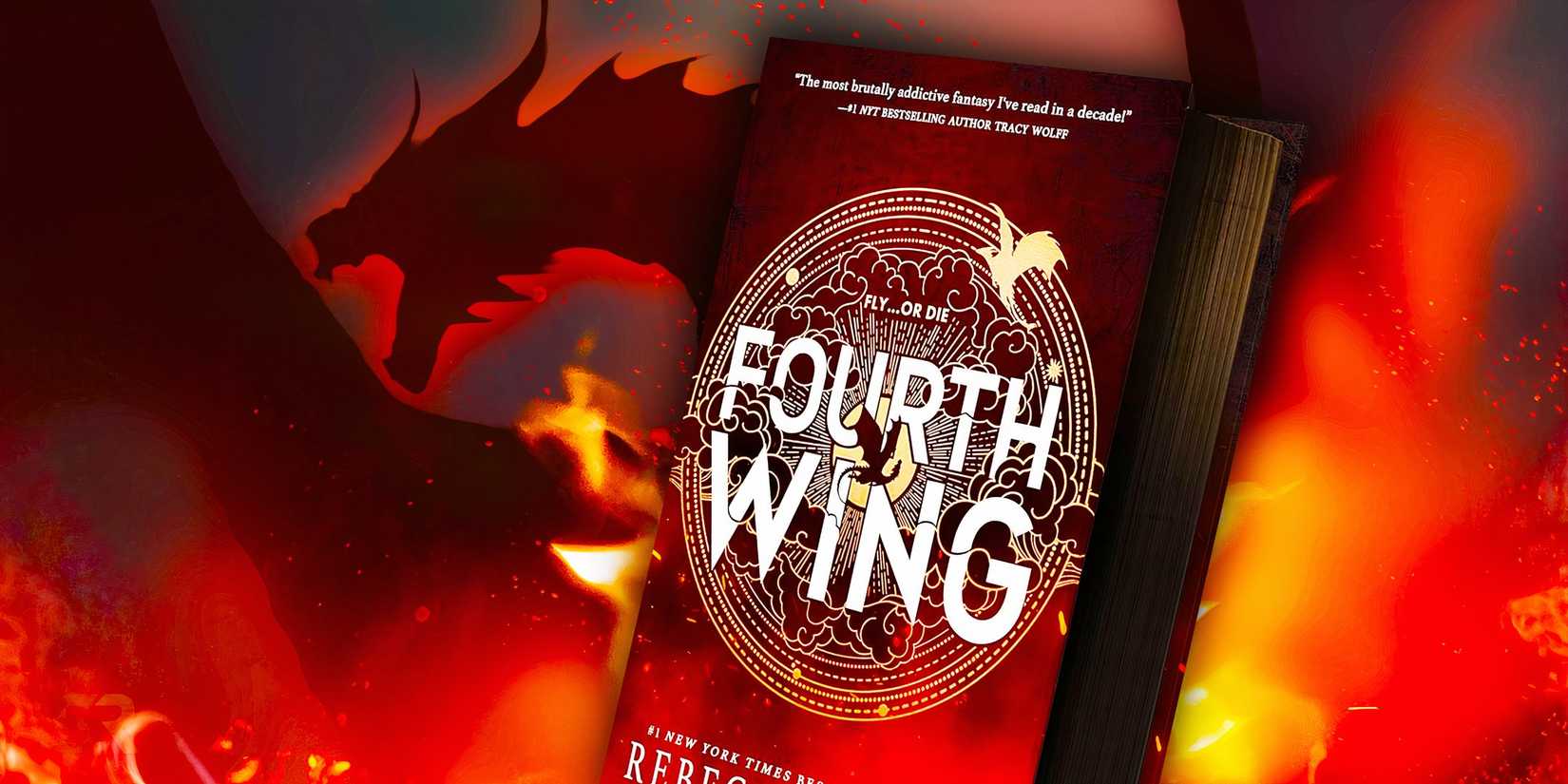 Custom image of the special edition Fourth Wing book with a silhouetted dragon and fire in the background.