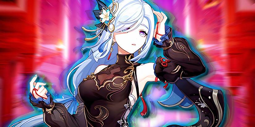 Genshin Impact's Shenhe poses while a glitch effect occurs behind her.