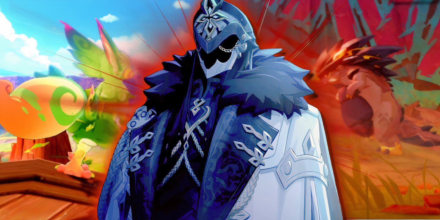 Genshin Impact&rsquo;s Capitano looks serious between two blurred Saurians from Natlan.