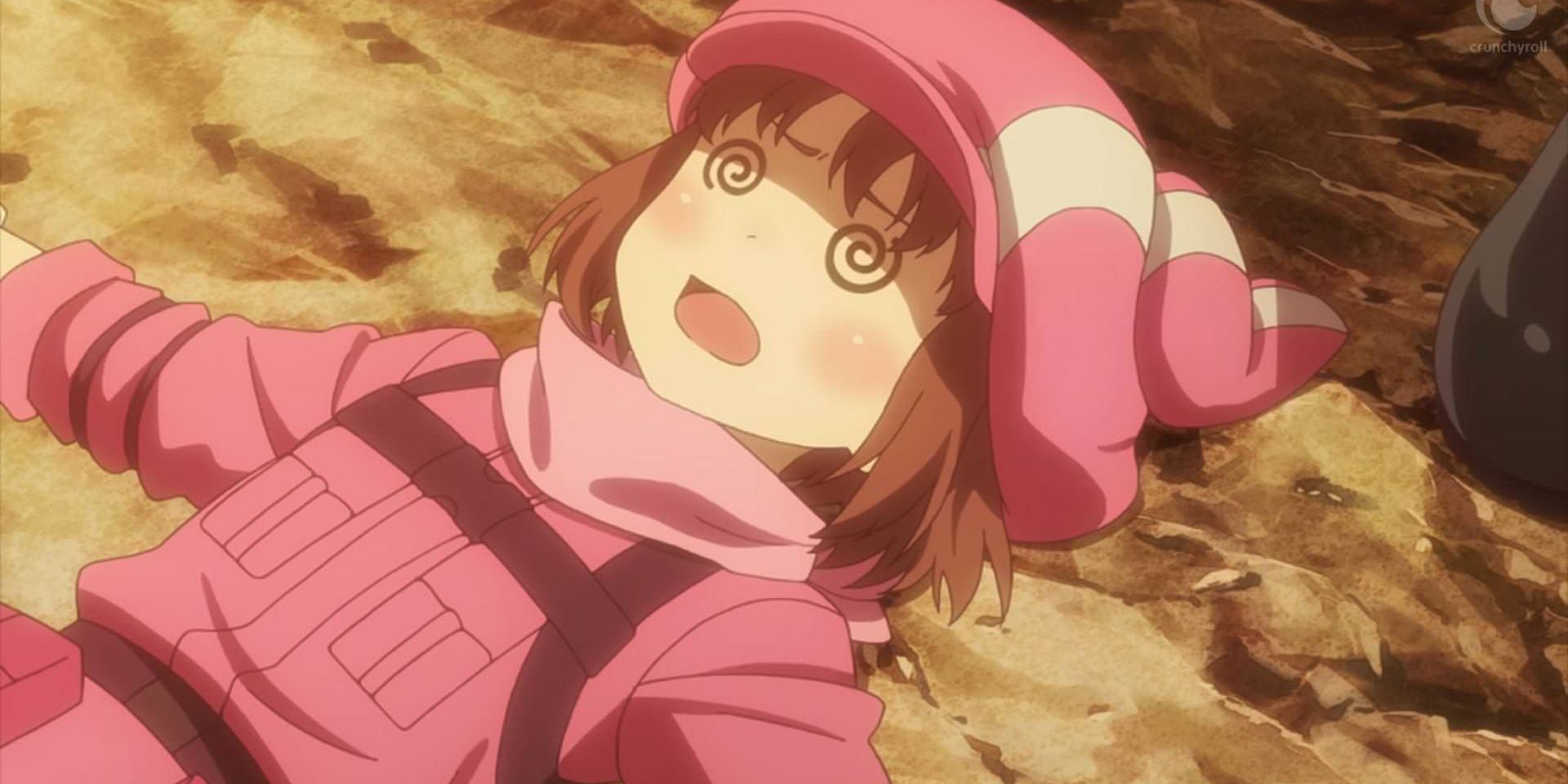 LLENN lies on the rocky ground, with swirls in her eye indicating confusion.