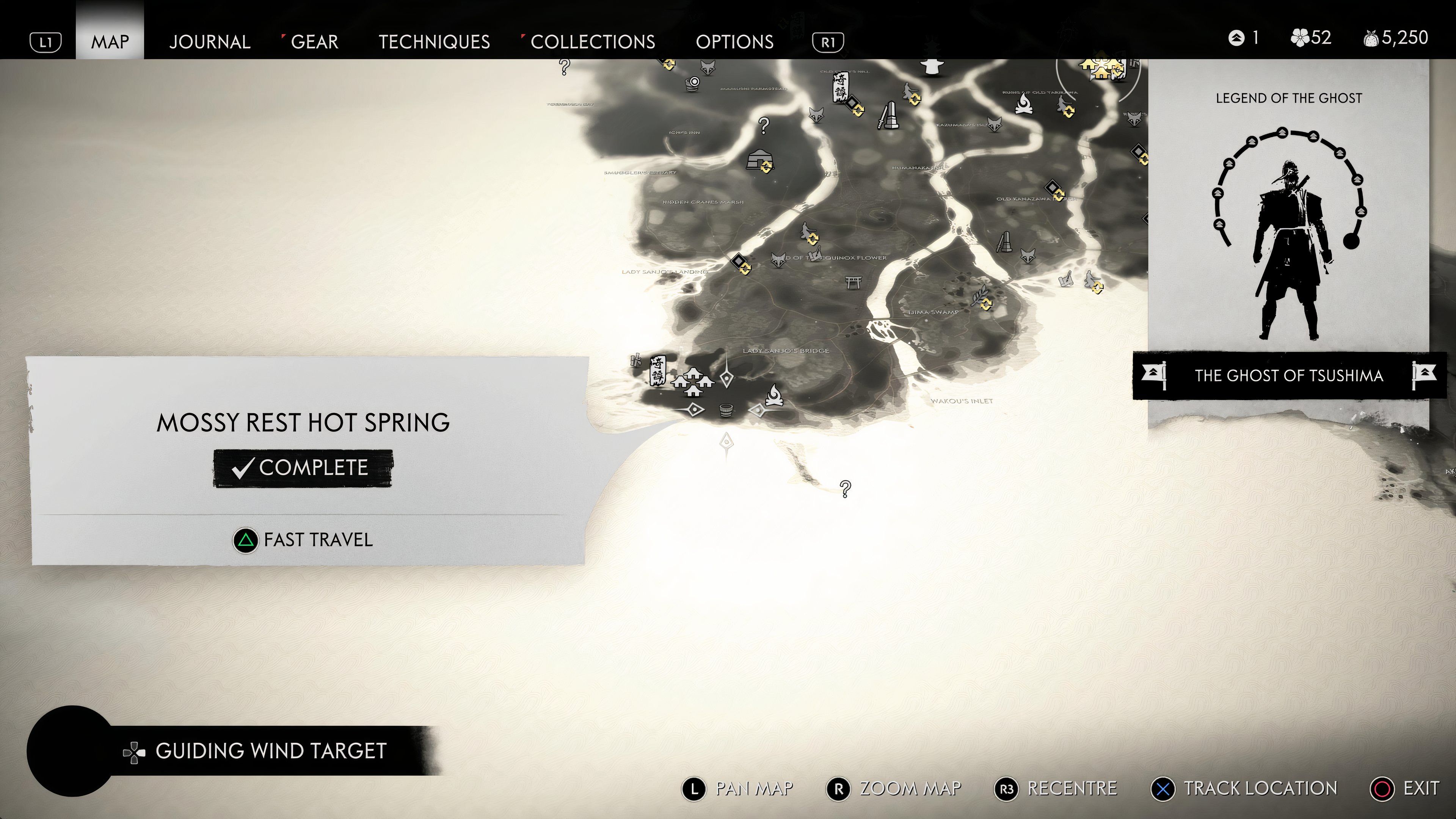 Localização do mapa das fontes termais de Ghost Of Tsushima Mossy Rest