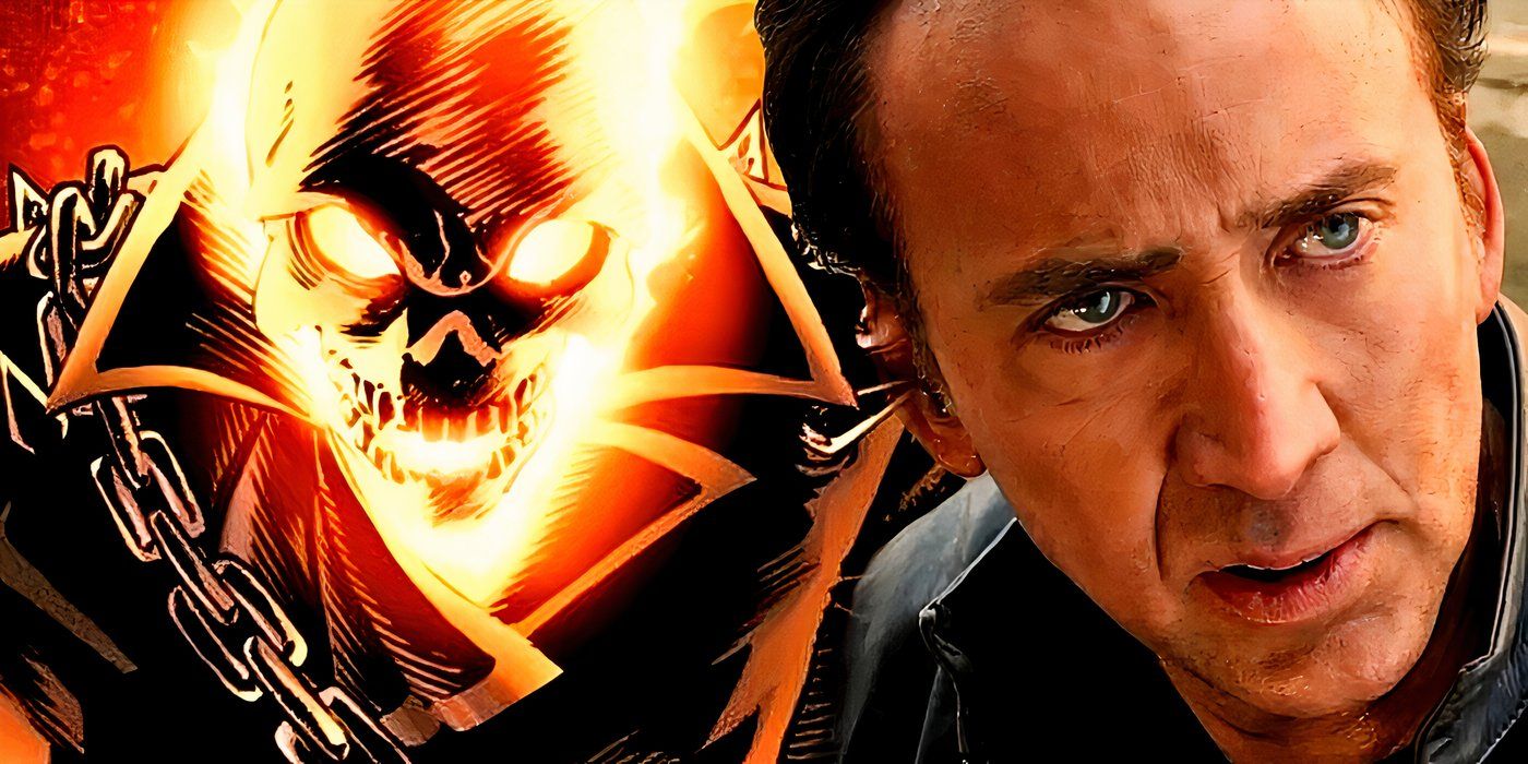 Nicholas Cage's Johnny Blaze with Ghost Rider behind him.