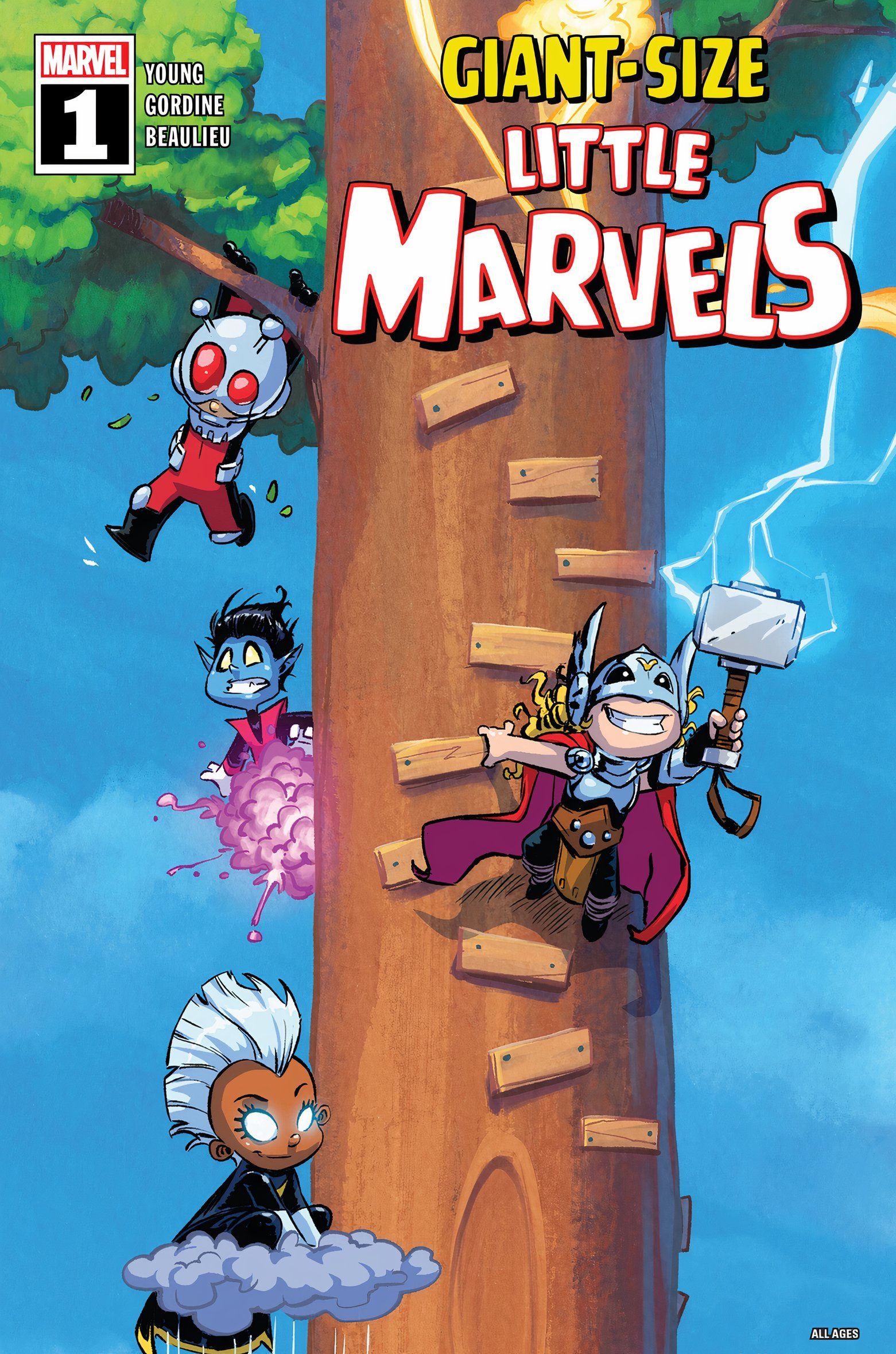 Giant-Size Little Marvels #1 cover, featuring Thor, Storm, Nightcrawler, and Ant Man, climbing to a treehouse.