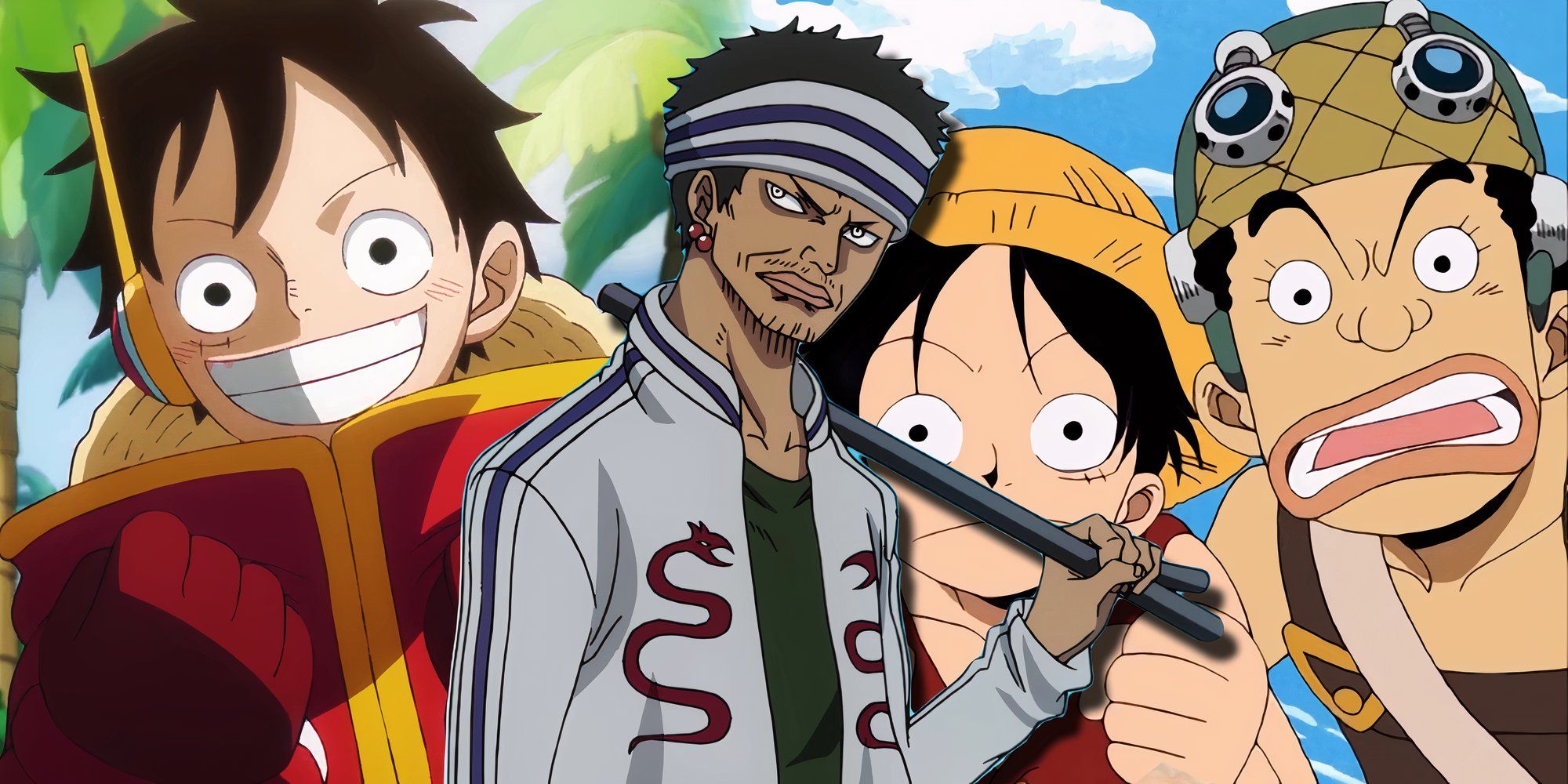 Gin from one piece looking off to the side holding a metal rod over his shoulder with luffy as seen on egghead looking excited to the left and usopp as seen in the east blue saga looking shocked to the right