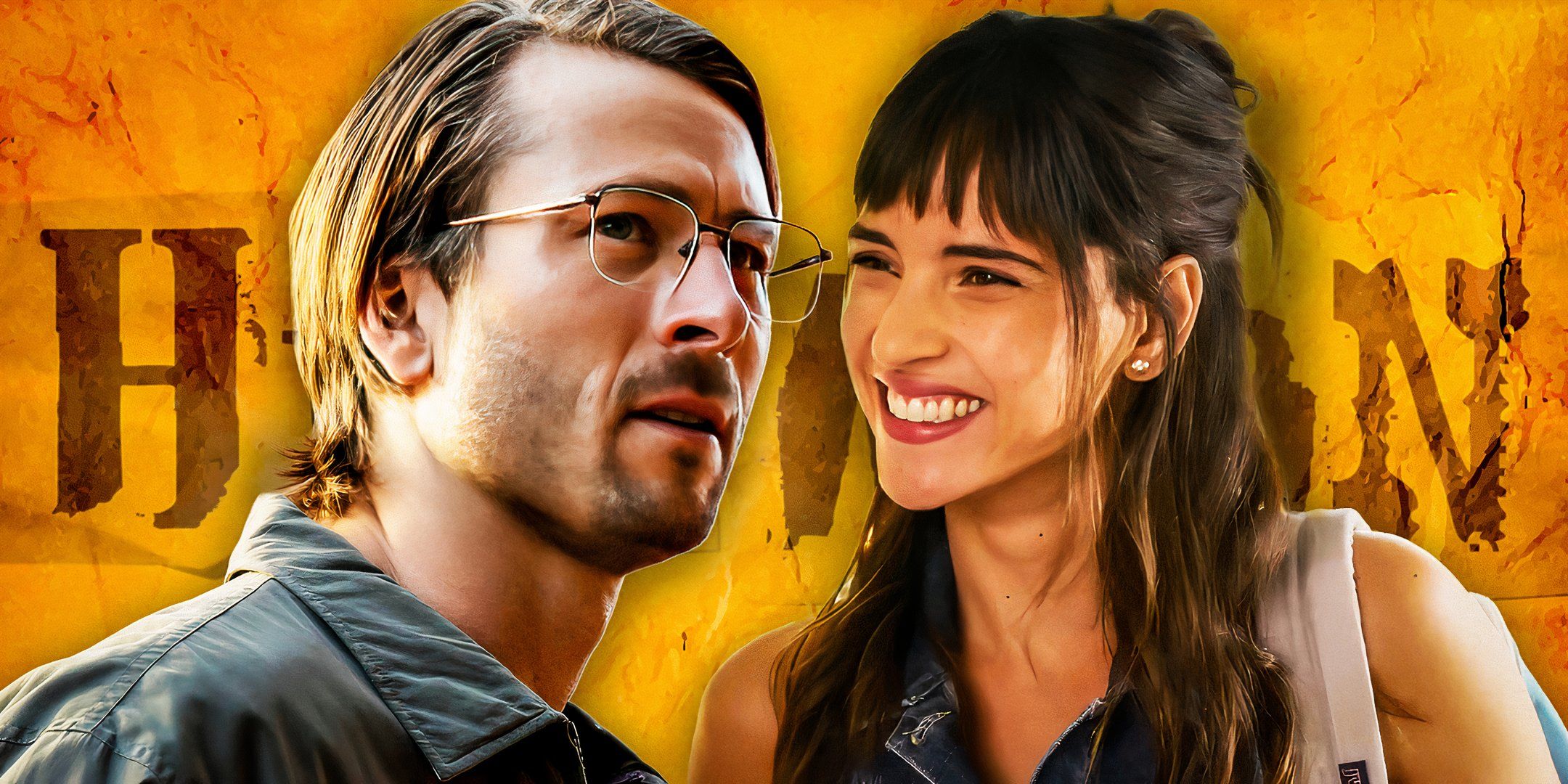 Glen Powell as Gary Johnson and Adria Arjona smiling as Madison in Hit Man (2023) on top of the film's logo