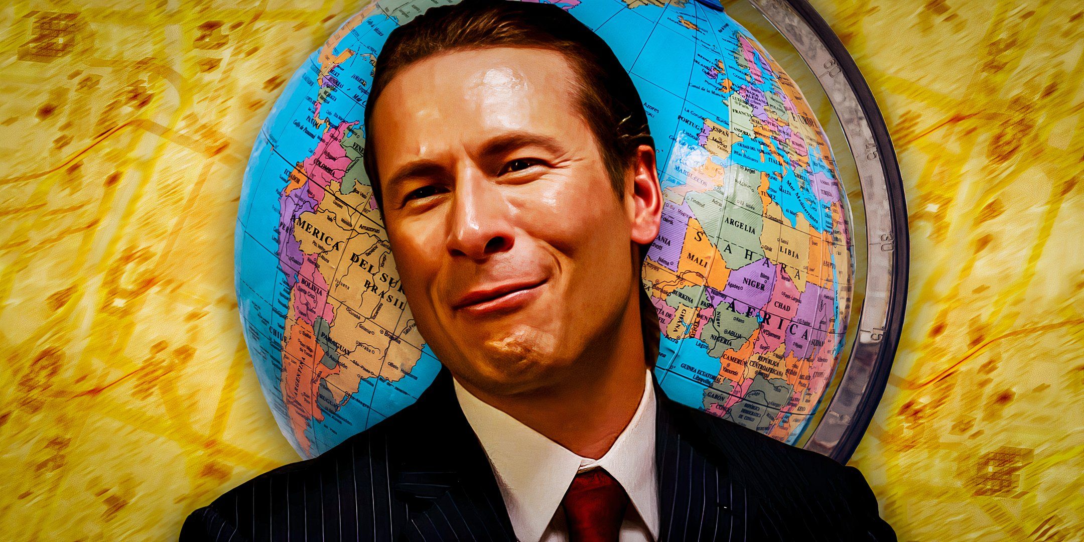 Glen Powell as one of his hitman identities in Hit Man on top of an image of the globe