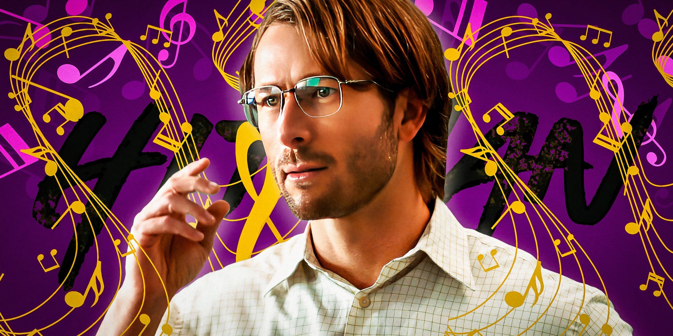 Glen Powell as Gary Johnson in Hit Man (2023) above a background of musical notes and sheet music