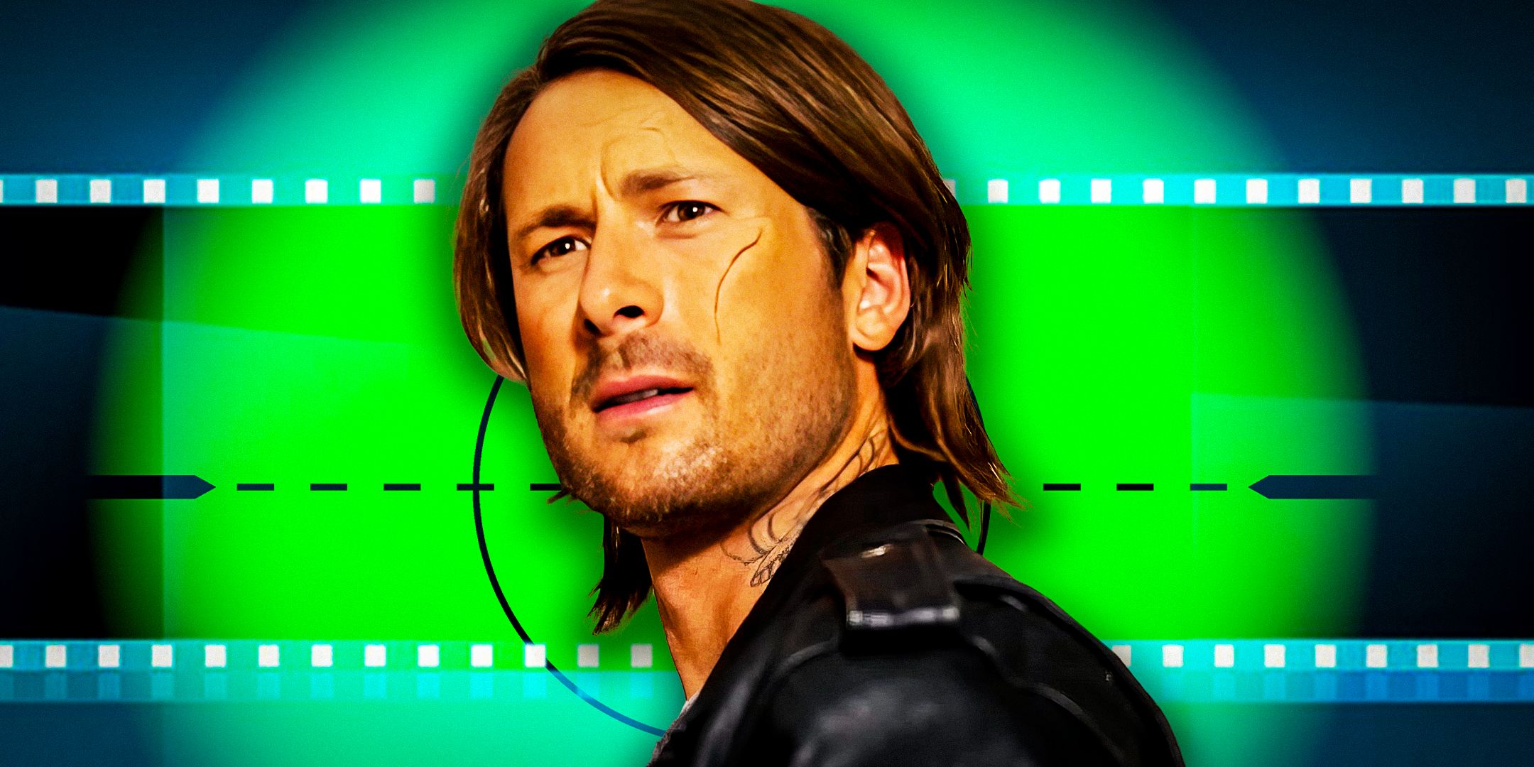 Glen Powell as Gary's scarred alias in Hit Man with a green sniper-like background