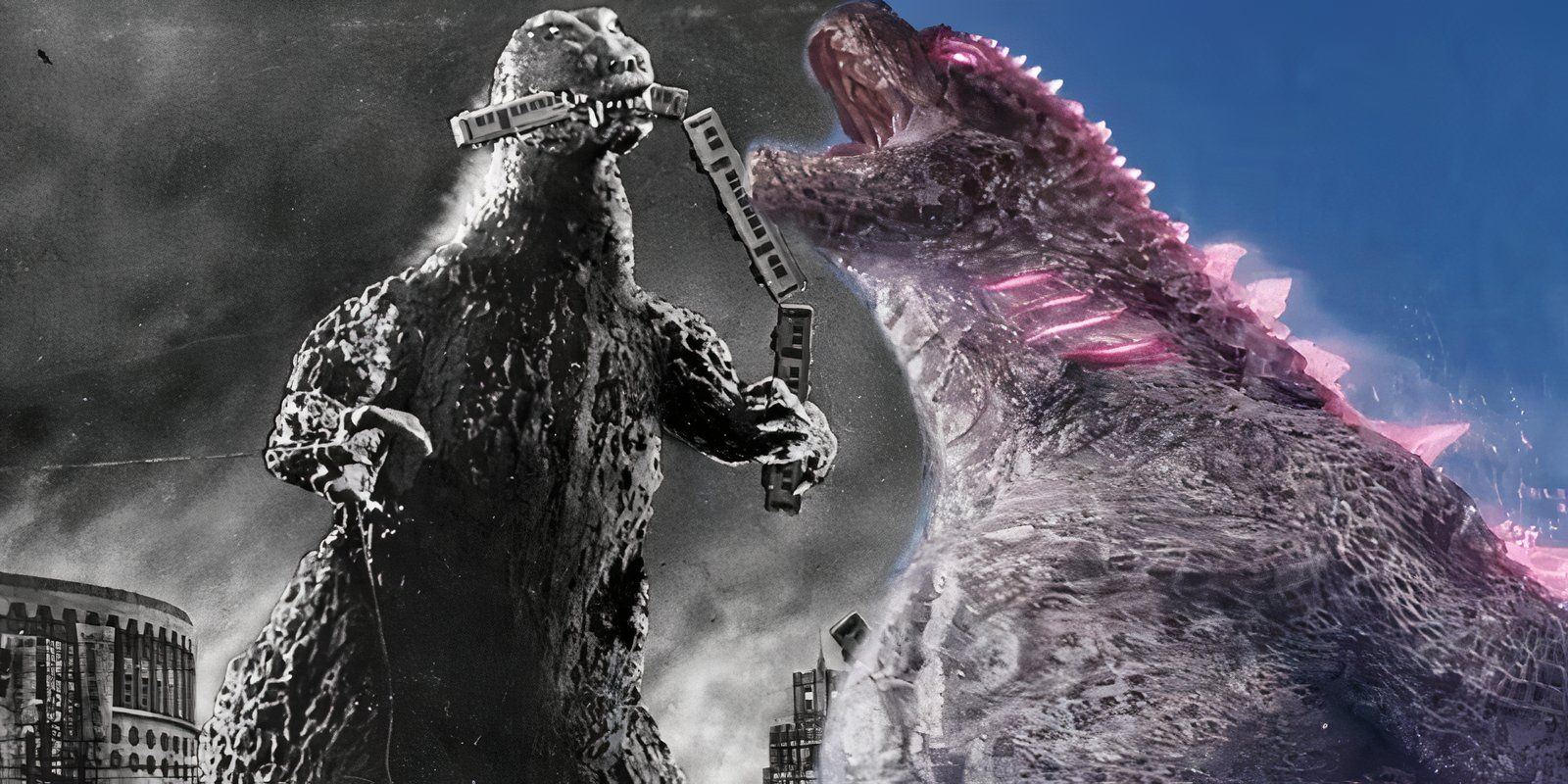 Godzilla eating a train in Godzilla 1954 next to Godzilla roaring in Godzilla x Kong The New Empire